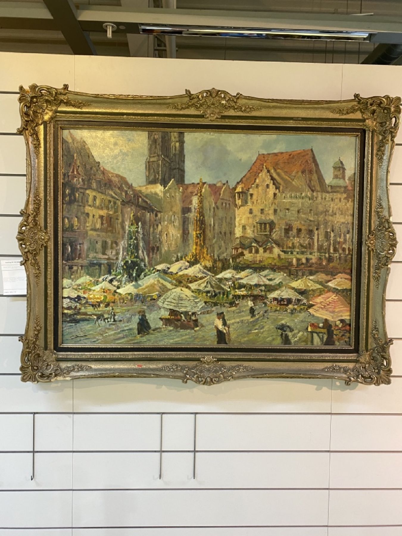 Detail e: Unbekannter Künstler, 1. Hälfte 20. Jh., Blick auf den belebten Marktplatz von Nürnberg, Öl/Sperrholz, links unten unleserlich signiert, ca. ...
