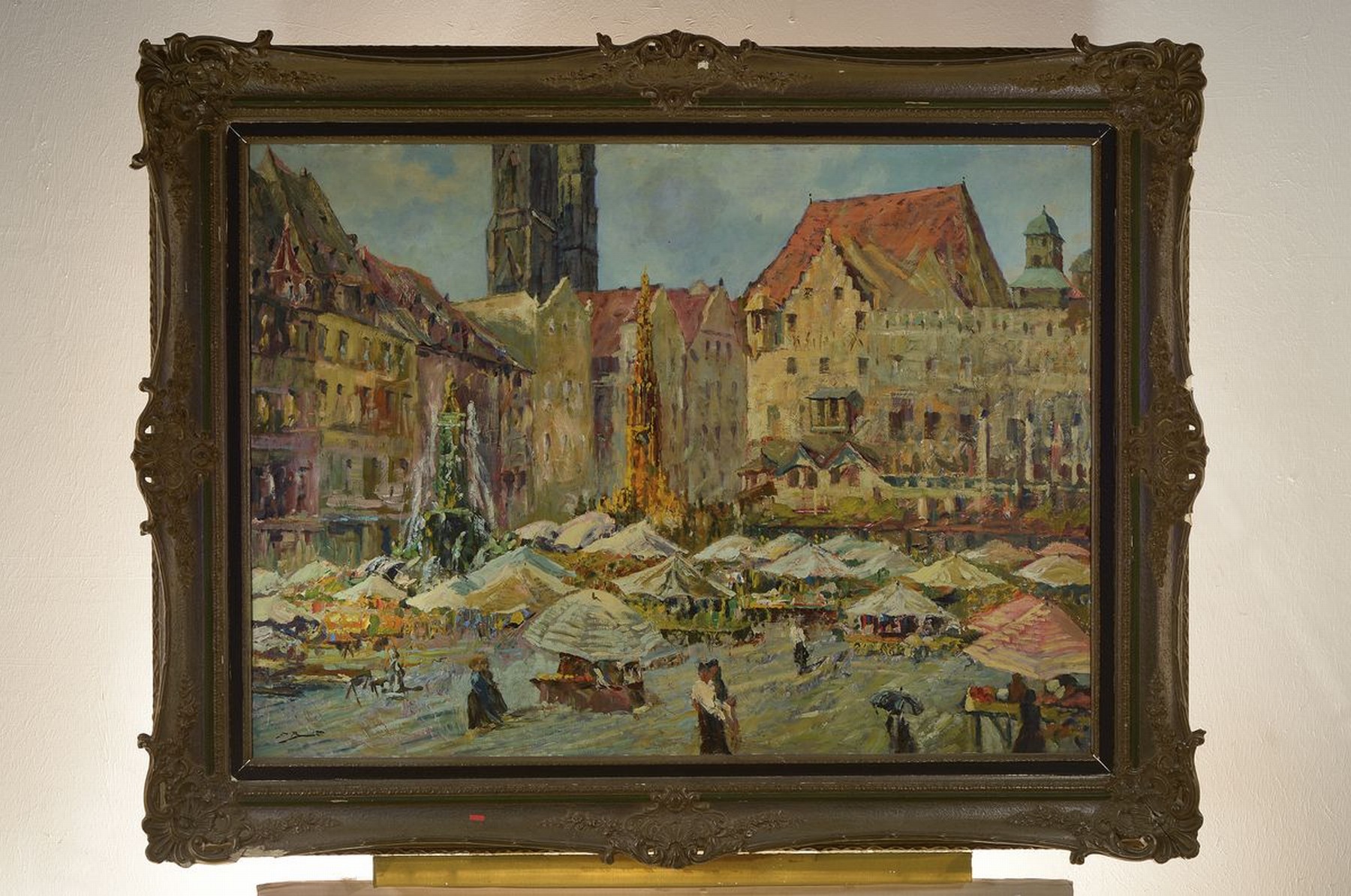 Detail k: Unbekannter Künstler, 1. Hälfte 20. Jh., Blick auf den belebten Marktplatz von Nürnberg, Öl/Sperrholz, links unten unleserlich signiert, ca. ...