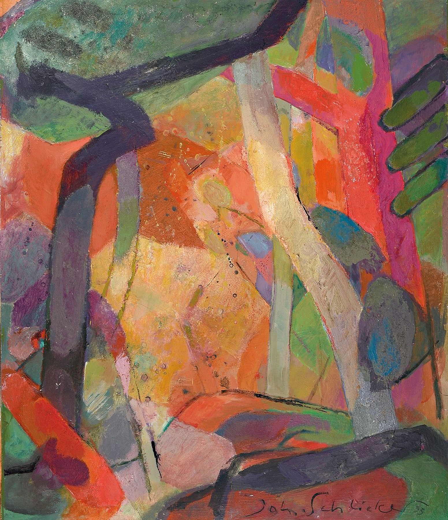 Johannes Schlicker, 1913 Essen - 2007, abstrakte Komposition, "Bosco rosso", 1993, Acryl und Öl/Sperrholzplatte, 70 x 60 cm, Rahmen