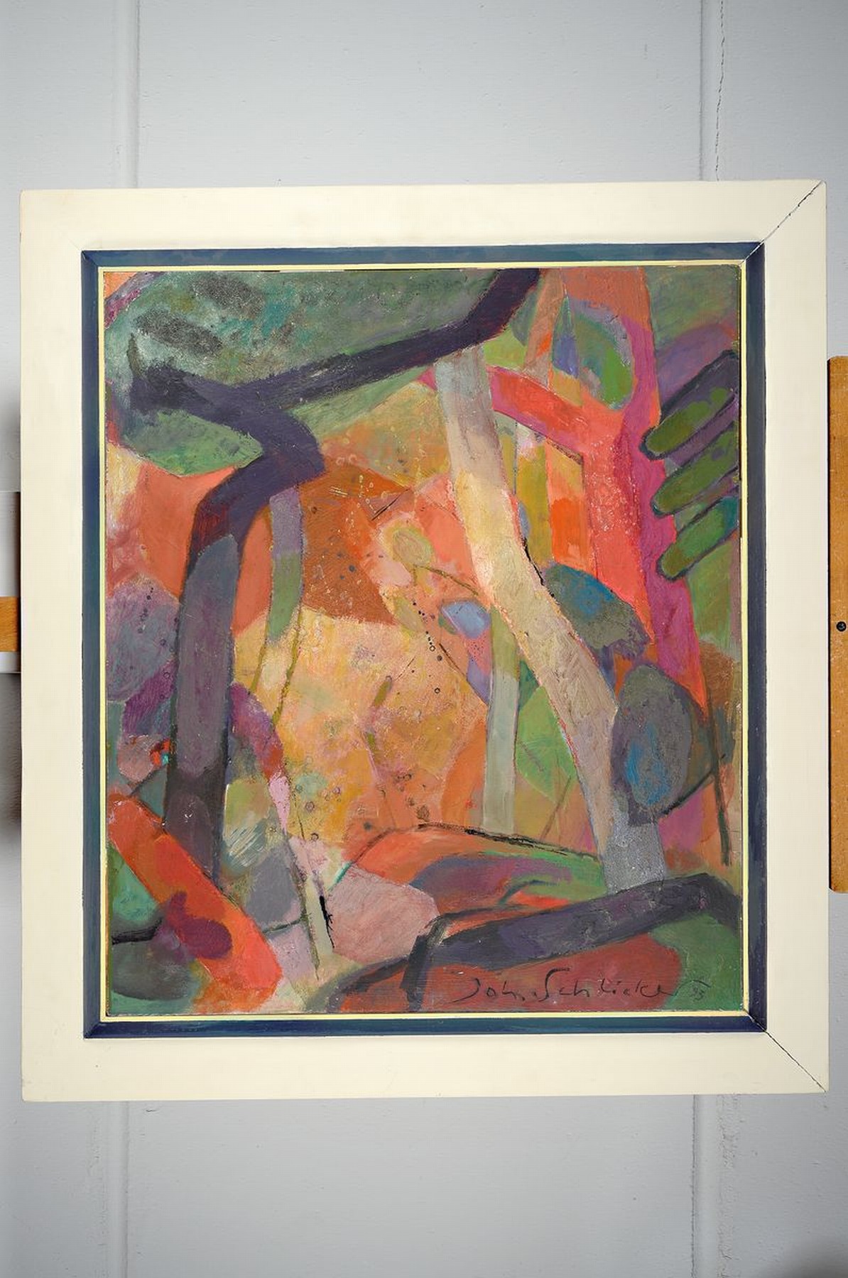 Detail k: Johannes Schlicker, 1913 Essen - 2007, abstrakte Komposition, "Bosco rosso", 1993, Acryl und Öl/Sperrholzplatte, 70 x 60 cm, Rahmen