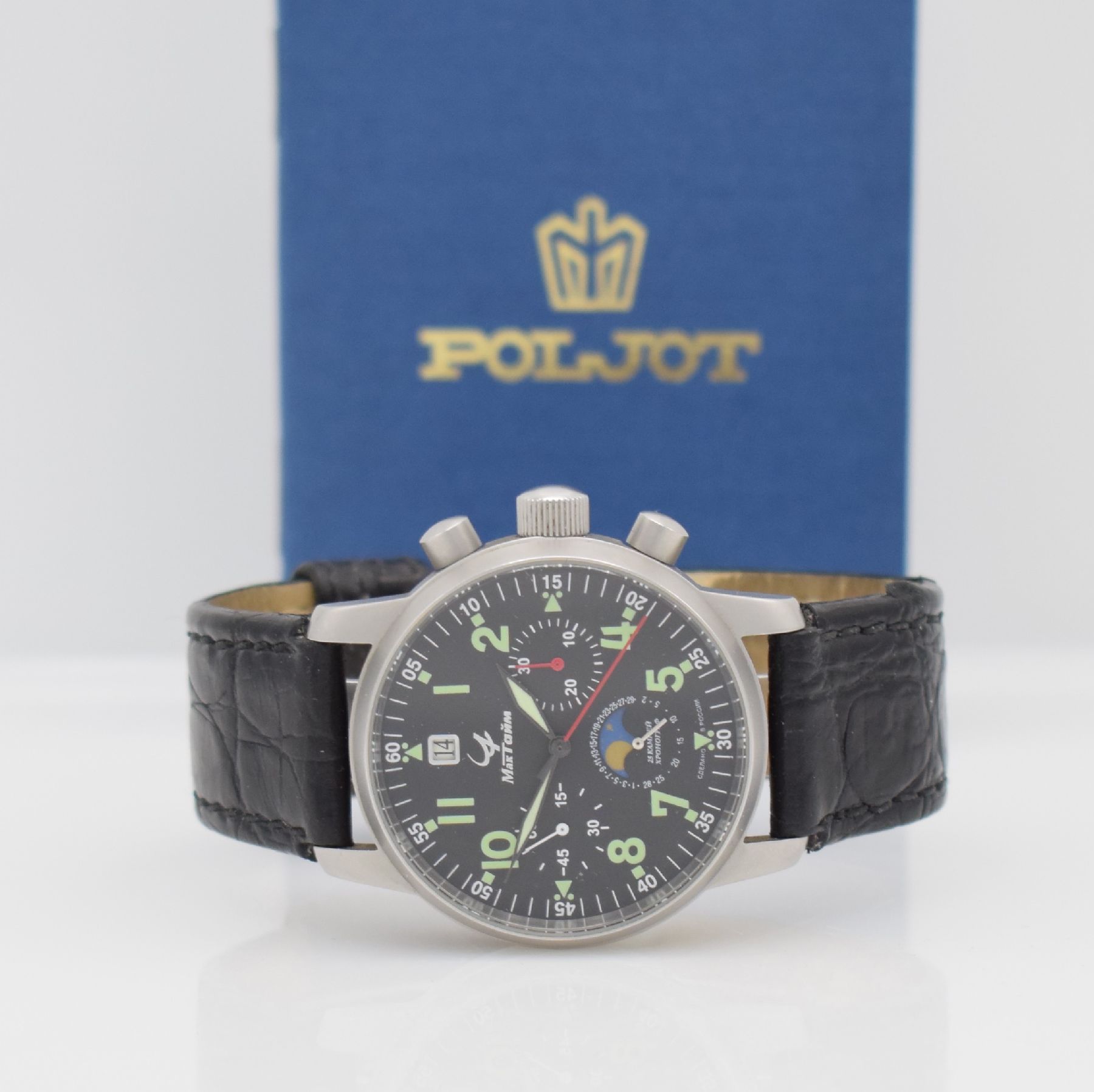 POLJOT Maktime Armbandchronograph mit Mondphase, Russland verk. lt. beil. Pap. 05/2008, Handaufzug, Edelstahlgeh. m. verschr. Boden, orig. Lederband, ...