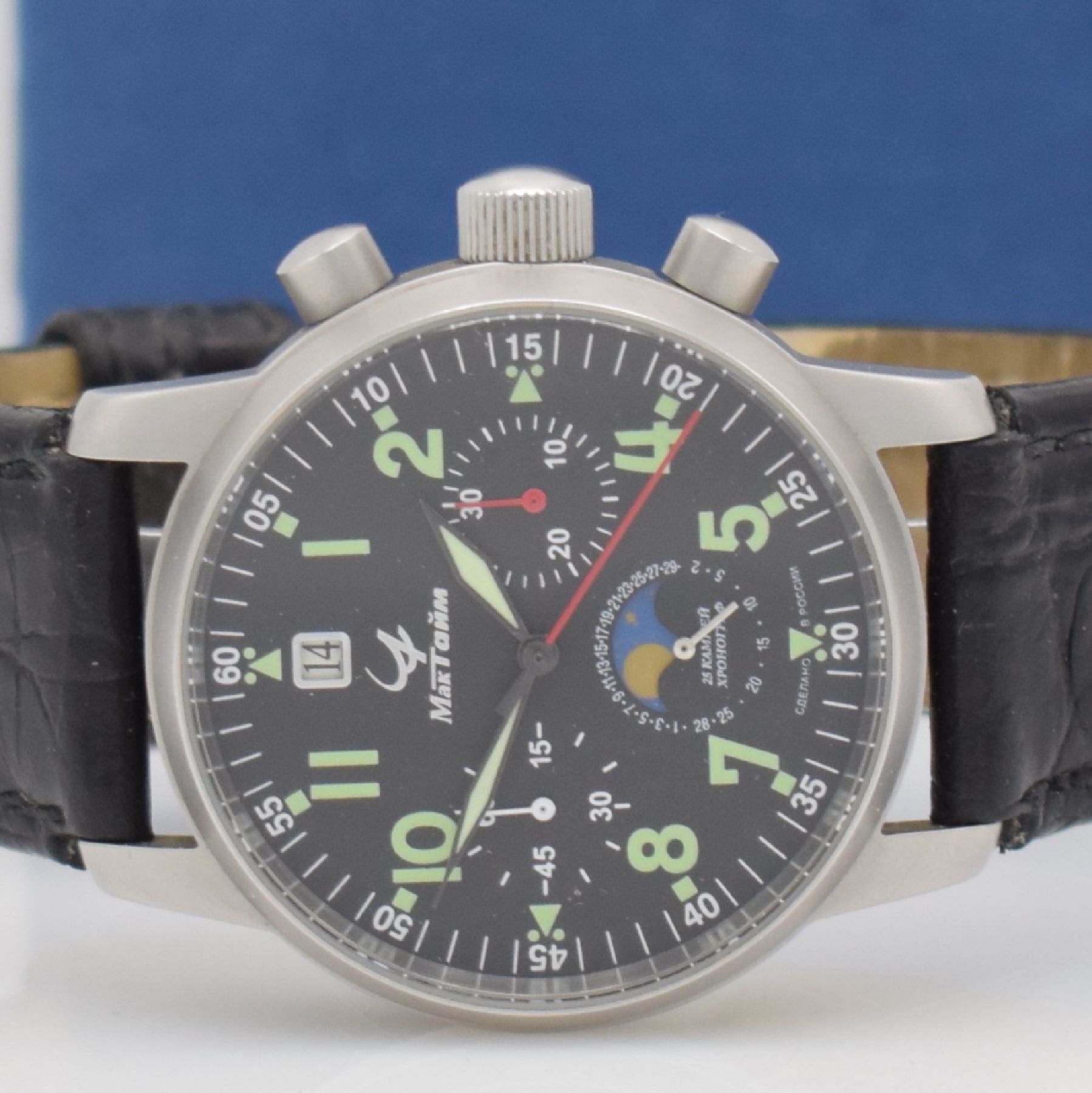 Detail a: POLJOT Maktime Armbandchronograph mit Mondphase, Russland verk. lt. beil. Pap. 05/2008, Handaufzug, Edelstahlgeh. m. verschr. Boden, orig. Lederband, ...