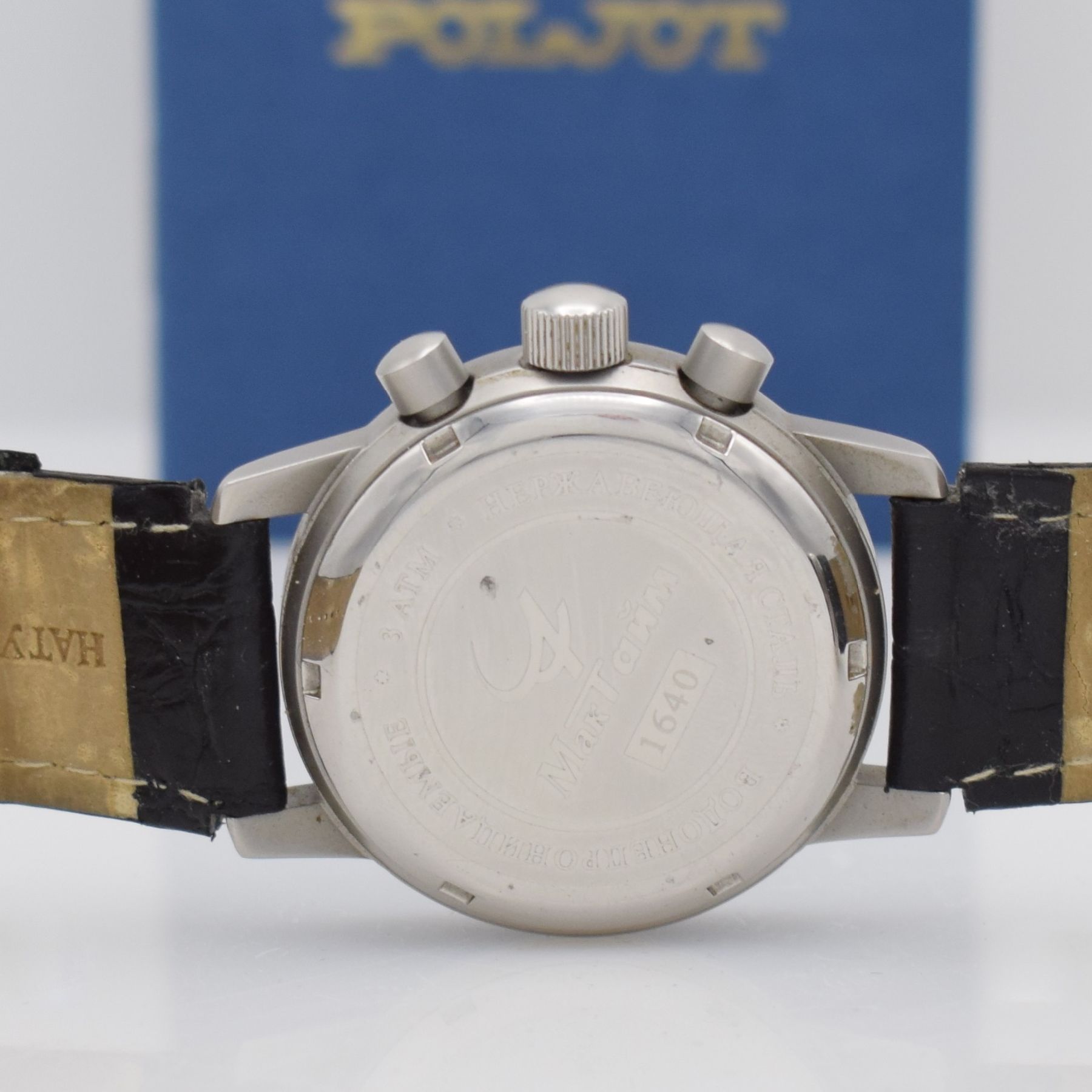 Detail d: POLJOT Maktime Armbandchronograph mit Mondphase, Russland verk. lt. beil. Pap. 05/2008, Handaufzug, Edelstahlgeh. m. verschr. Boden, orig. Lederband, ...