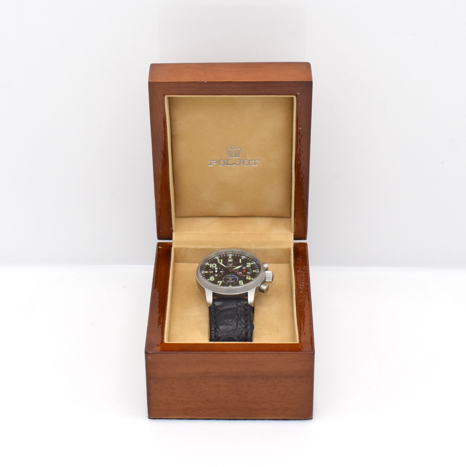Detail e: POLJOT Maktime Armbandchronograph mit Mondphase, Russland verk. lt. beil. Pap. 05/2008, Handaufzug, Edelstahlgeh. m. verschr. Boden, orig. Lederband, ...