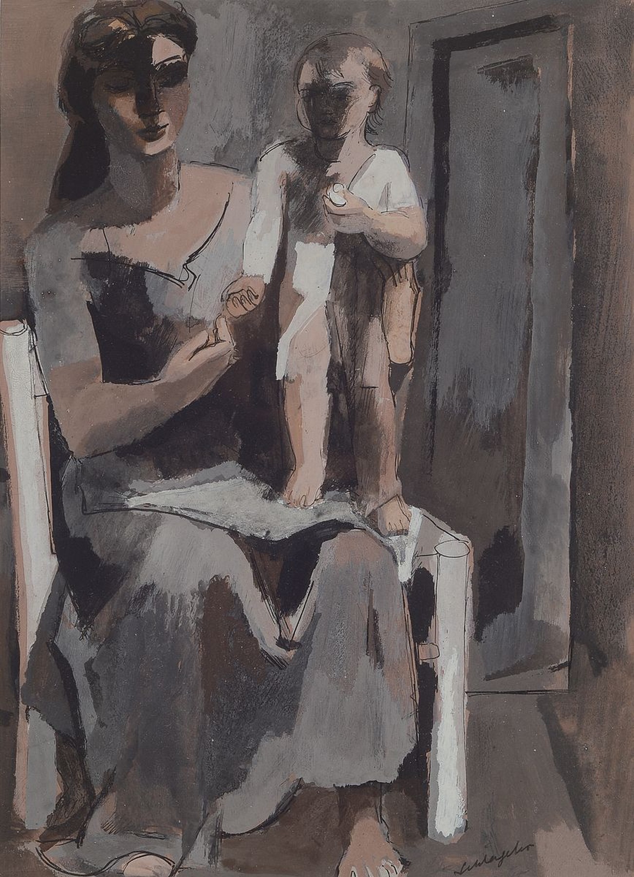 Karl Schlageter, 1894 Luzern-1990 Zürich, Mutter mit Kind, Tusche und Gouache auf Papier, rechts unten signiert, 28.5x21cm, PP, u.Gl., R. ca. 36x30cm