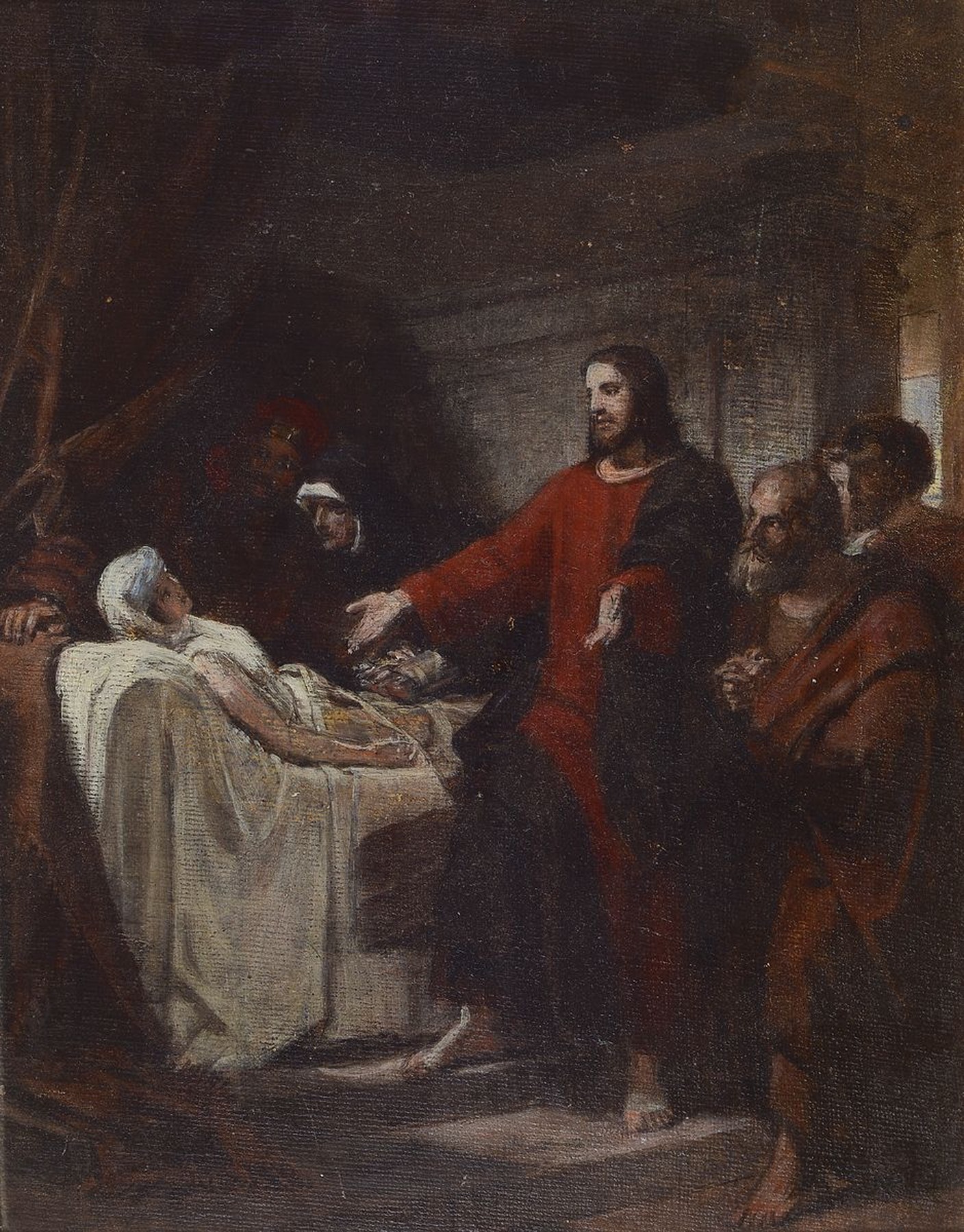 Unbekannter Künstler, deutsch, 2. Hälfte 19. Jh., Christus erweckt die Tochter des Jairus von den Toten, Öl/Lwd/Malkarton, ca. 36x28cm,R. ca. ...