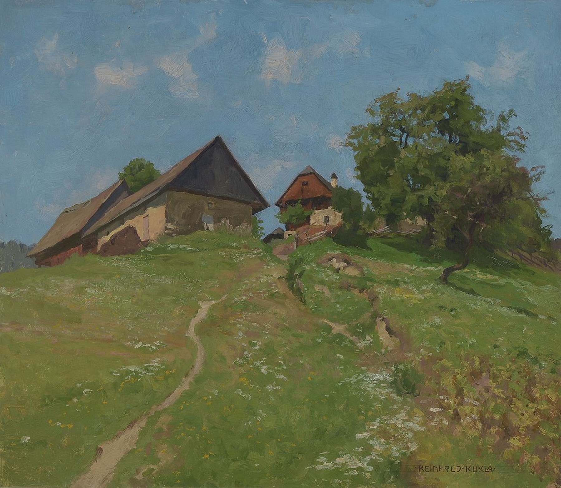 Reinhold Kukla, 1877 Wien-1965 St. Gallen, Blick über eine Wiese auf einen Bauernhof, Öl/Hartfaser, rechts unten signiert, ca. 40x46cm, R. ca. ...