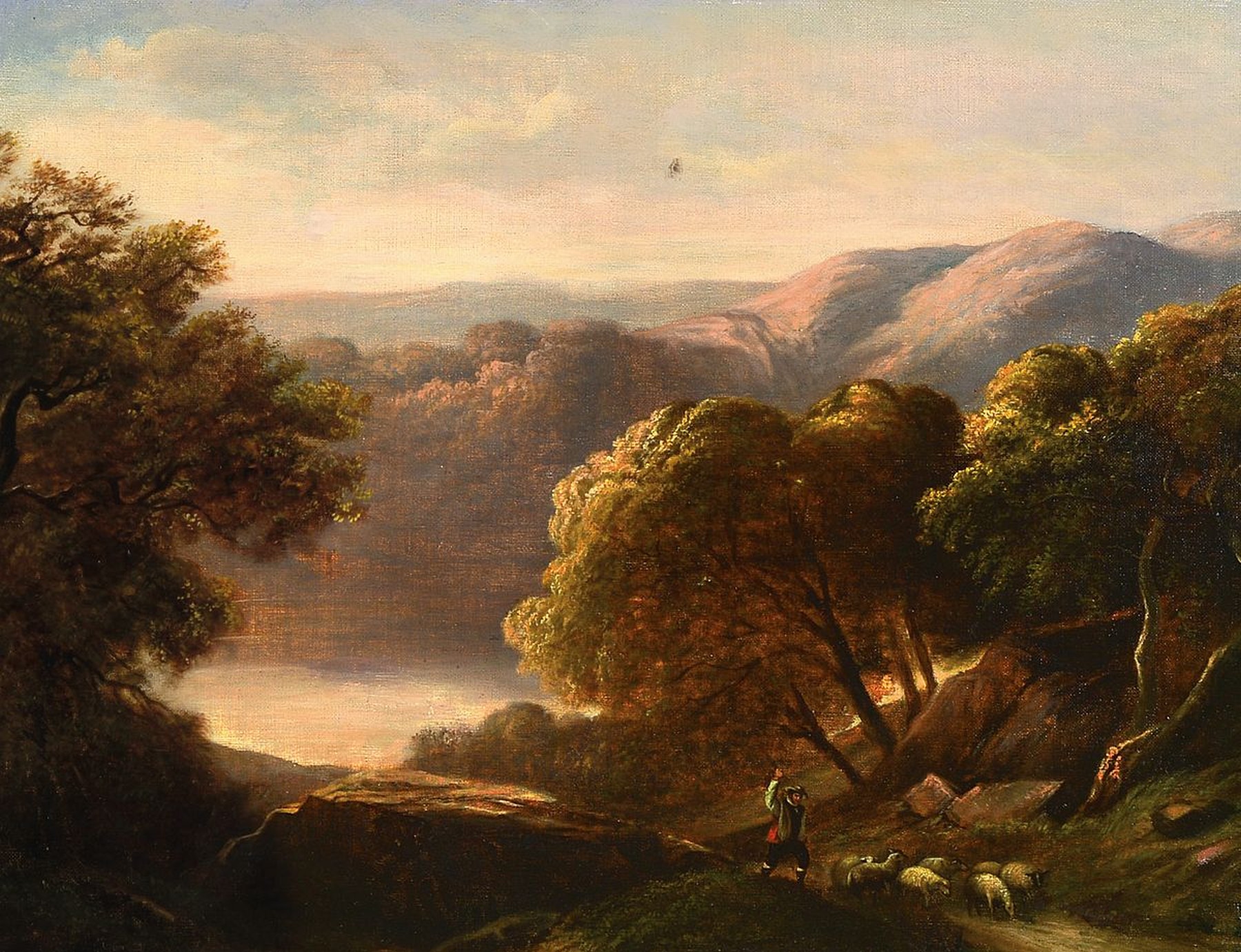 Alexander Calamé, 1810 Vevey-1864 Menton, Schäfer mit seiner kleinen Herde auf einem Baum bestandenen Weg, im Hintergrund ein See in hügeliger ...