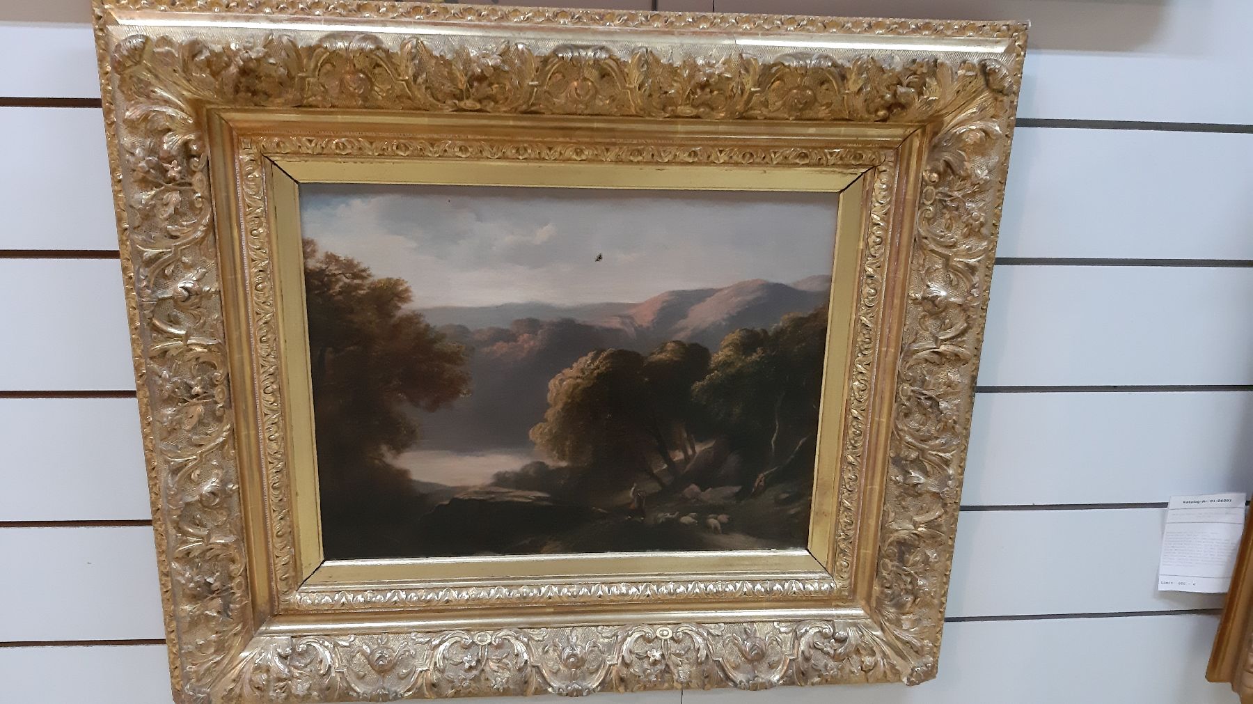Detail b: Alexander Calamé, 1810 Vevey-1864 Menton, Schäfer mit seiner kleinen Herde auf einem Baum bestandenen Weg, im Hintergrund ein See in hügeliger ...