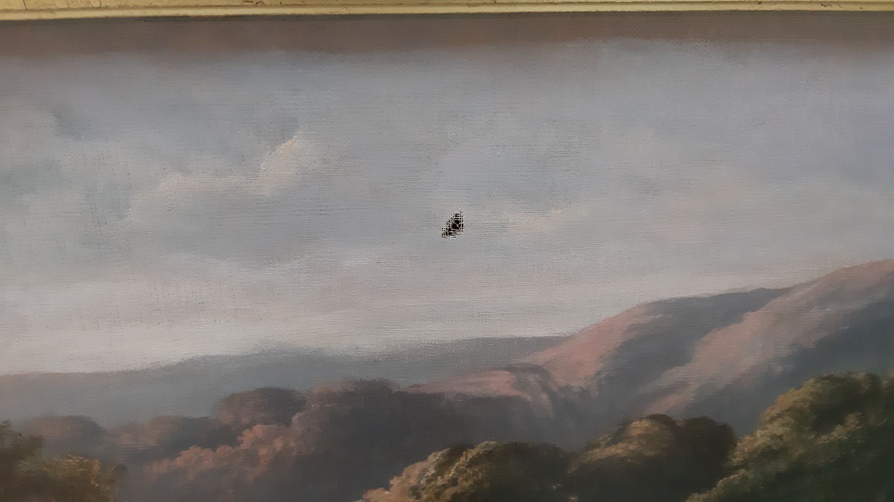 Detail c: Alexander Calamé, 1810 Vevey-1864 Menton, Schäfer mit seiner kleinen Herde auf einem Baum bestandenen Weg, im Hintergrund ein See in hügeliger ...
