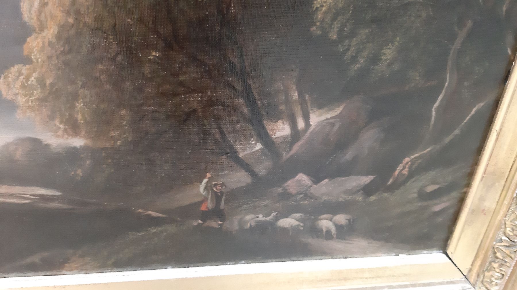 Detail d: Alexander Calamé, 1810 Vevey-1864 Menton, Schäfer mit seiner kleinen Herde auf einem Baum bestandenen Weg, im Hintergrund ein See in hügeliger ...