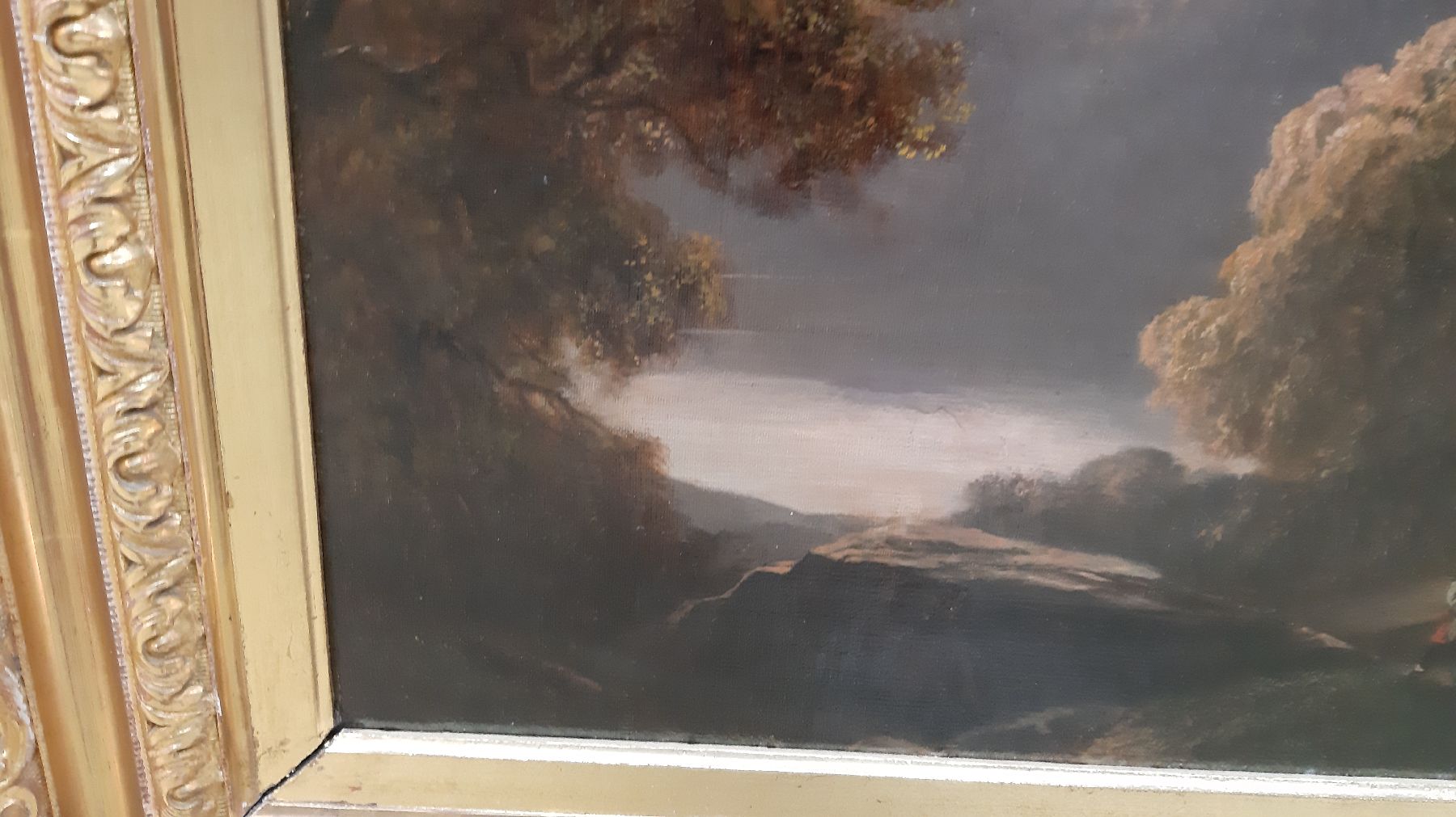 Detail e: Alexander Calamé, 1810 Vevey-1864 Menton, Schäfer mit seiner kleinen Herde auf einem Baum bestandenen Weg, im Hintergrund ein See in hügeliger ...