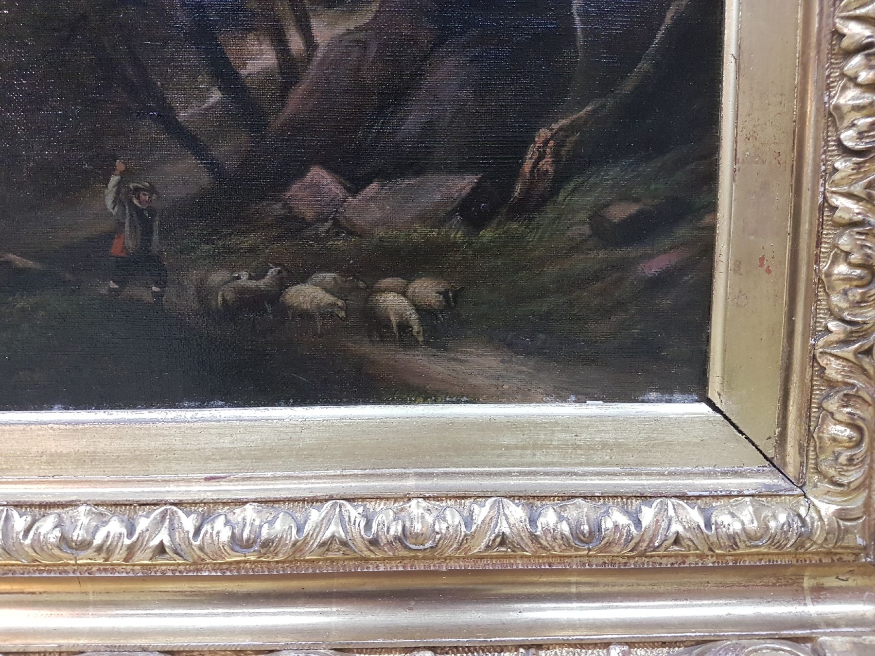 Detail i: Alexander Calamé, 1810 Vevey-1864 Menton, Schäfer mit seiner kleinen Herde auf einem Baum bestandenen Weg, im Hintergrund ein See in hügeliger ...