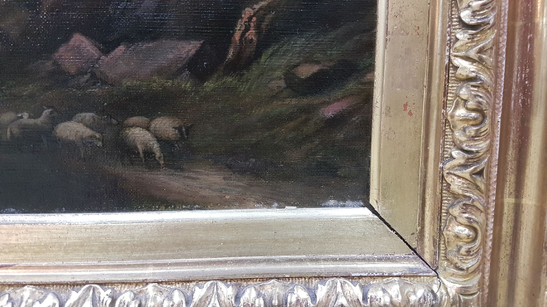 Detail j: Alexander Calamé, 1810 Vevey-1864 Menton, Schäfer mit seiner kleinen Herde auf einem Baum bestandenen Weg, im Hintergrund ein See in hügeliger ...