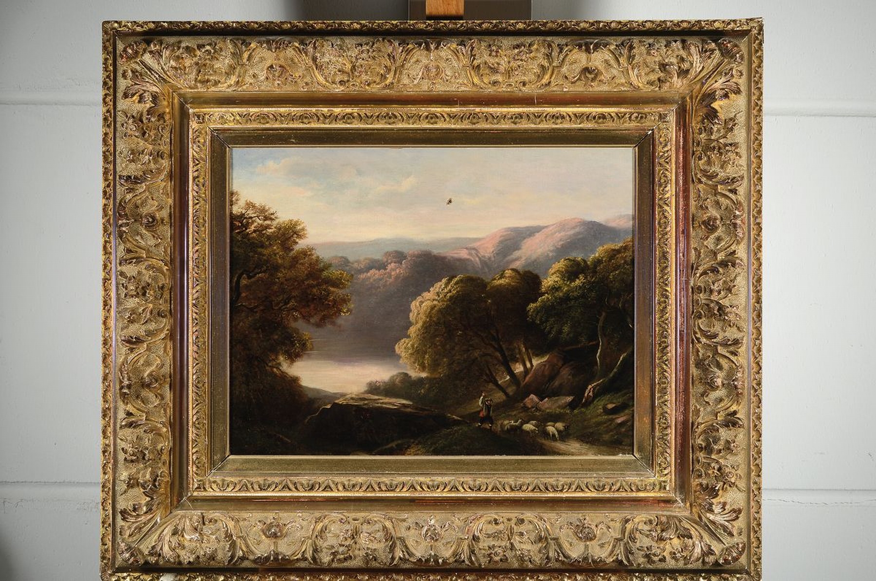 Detail k: Alexander Calamé, 1810 Vevey-1864 Menton, Schäfer mit seiner kleinen Herde auf einem Baum bestandenen Weg, im Hintergrund ein See in hügeliger ...