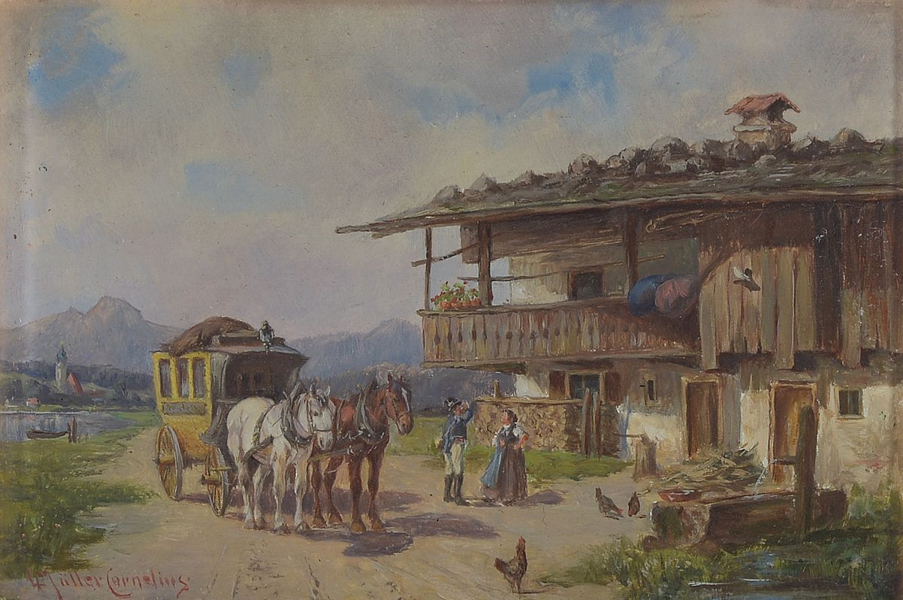 Ludwig Müller-Cornelius, 1864-1943 München, Postkutsche vor dem Wirtshaus, Öl/Holz, links unten signiert, ca. 11x16cm, R. ca. 24x29cm, dieser ...