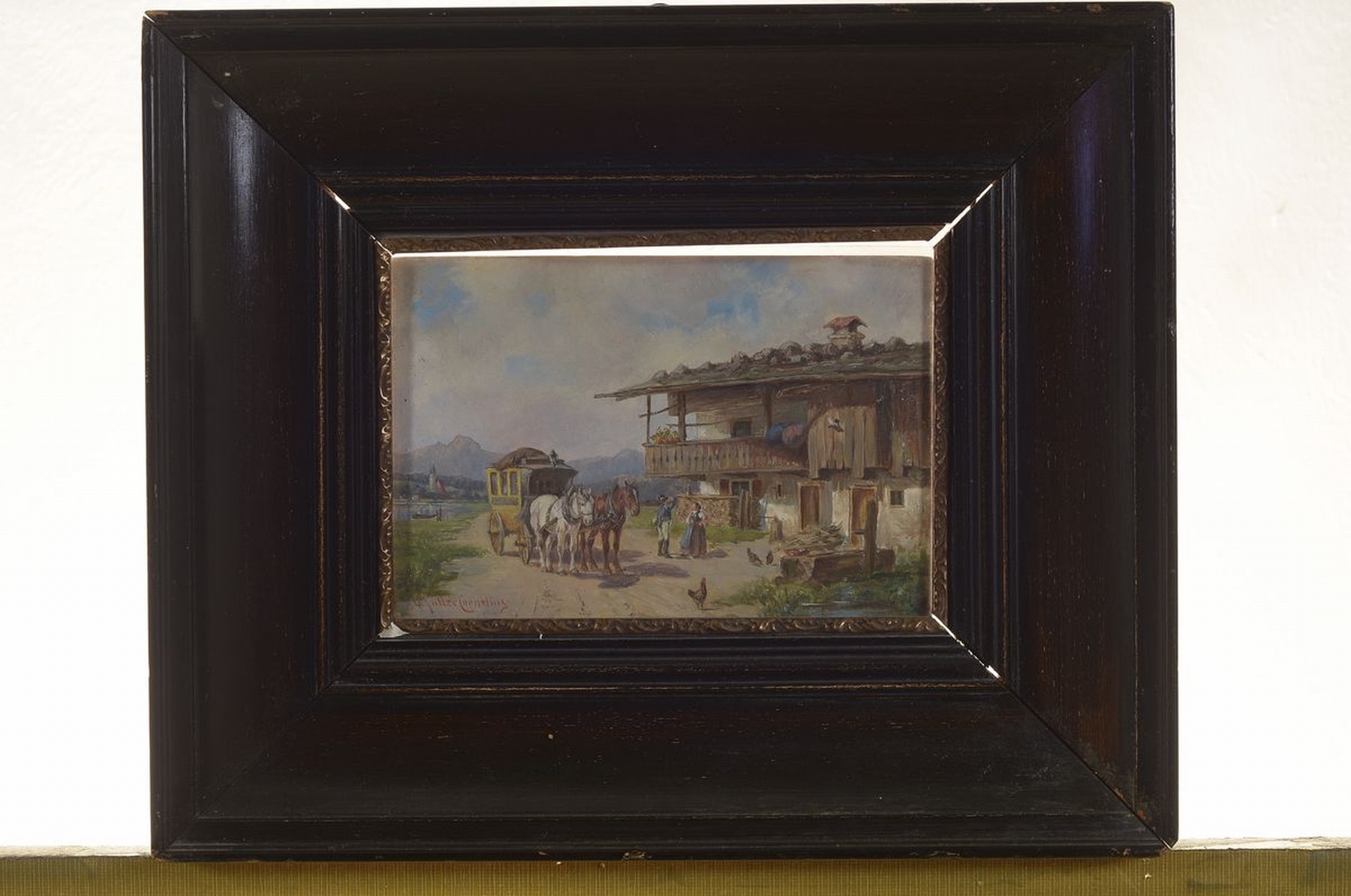 Detail k: Ludwig Müller-Cornelius, 1864-1943 München, Postkutsche vor dem Wirtshaus, Öl/Holz, links unten signiert, ca. 11x16cm, R. ca. 24x29cm, dieser ...