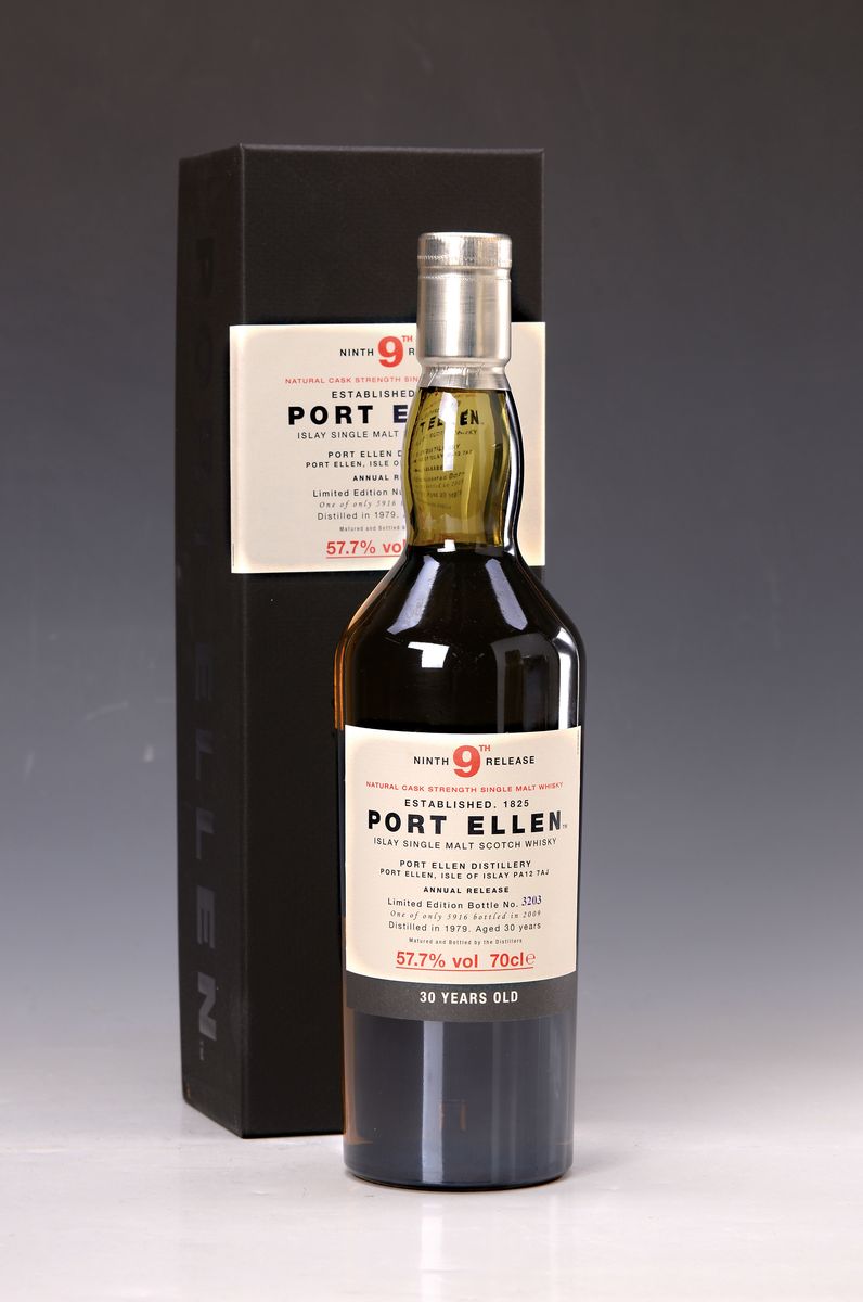 1 Flasche Port Ellen Islay Single Malt, 30 Jahre alt, the 9th release, destilled 1979, limited Edition Bottle Nr. 3203, one of only 5916 bottles in ...