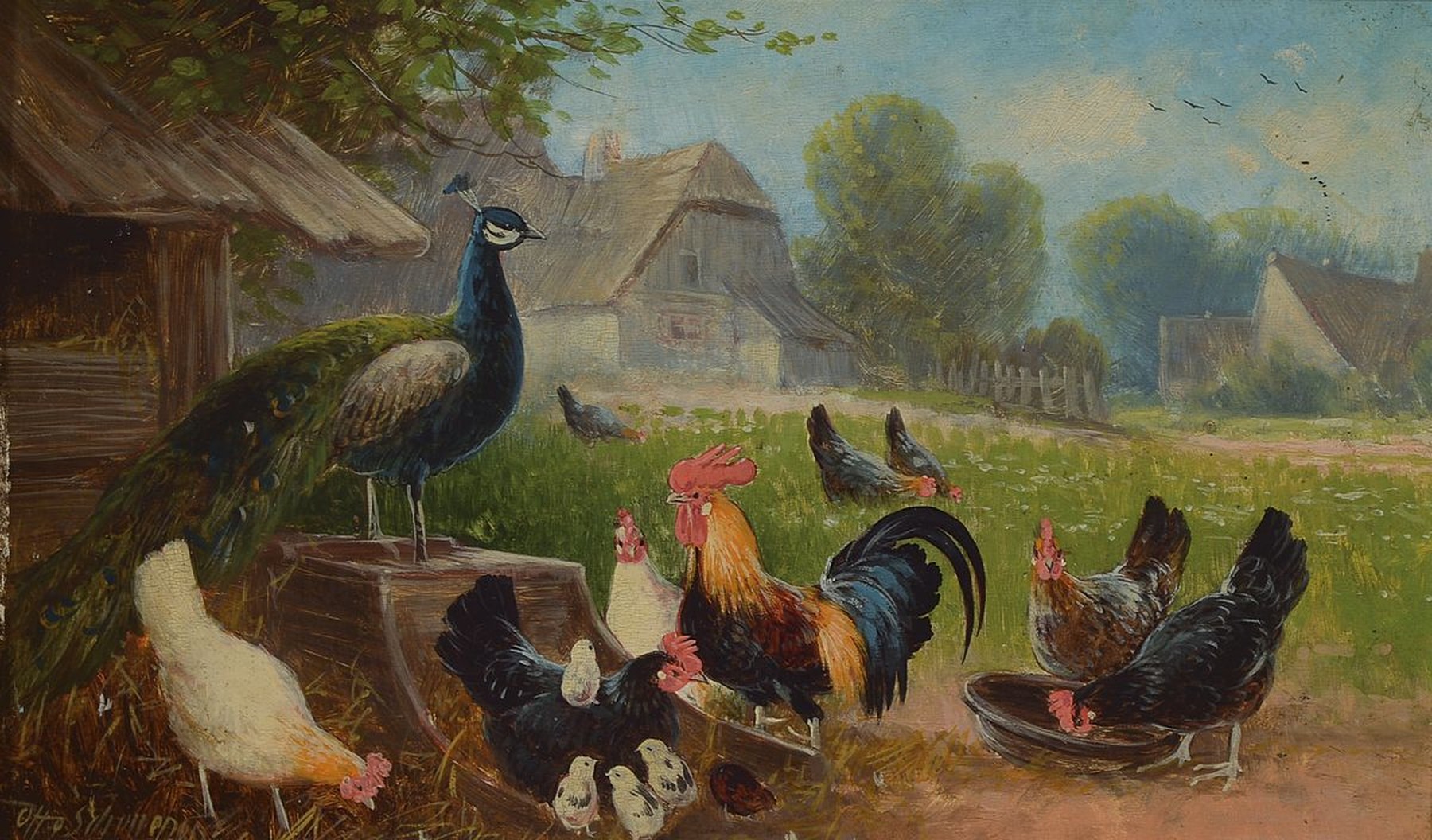 Otto Scheuerer, 1862-1934 München, Pfau und Hühner auf dem Hof, Öl/Holz, links unten signiert, ca. 15x25cm, R. ca. 27x 37cm