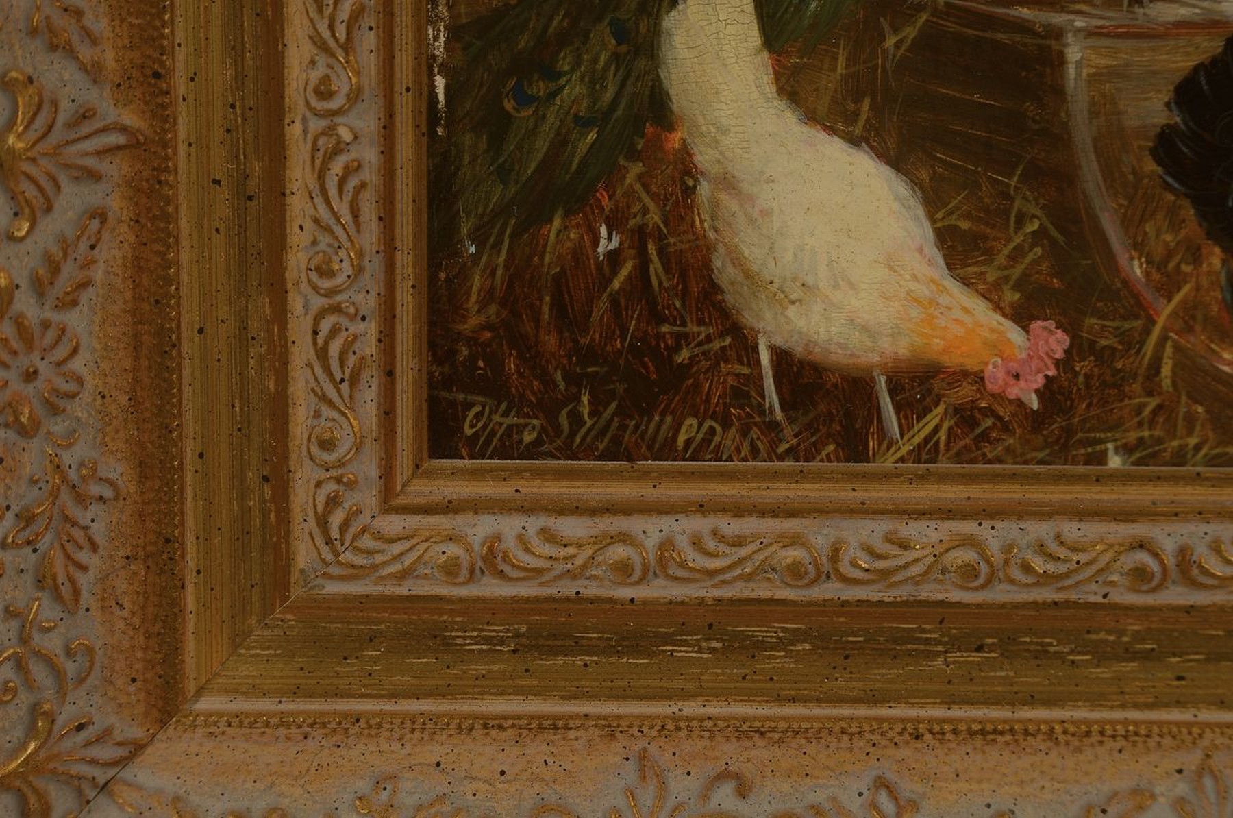 Detail a: Otto Scheuerer, 1862-1934 München, Pfau und Hühner auf dem Hof, Öl/Holz, links unten signiert, ca. 15x25cm, R. ca. 27x 37cm