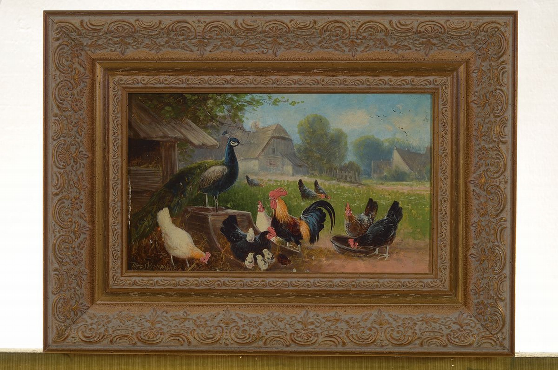 Detail k: Otto Scheuerer, 1862-1934 München, Pfau und Hühner auf dem Hof, Öl/Holz, links unten signiert, ca. 15x25cm, R. ca. 27x 37cm
