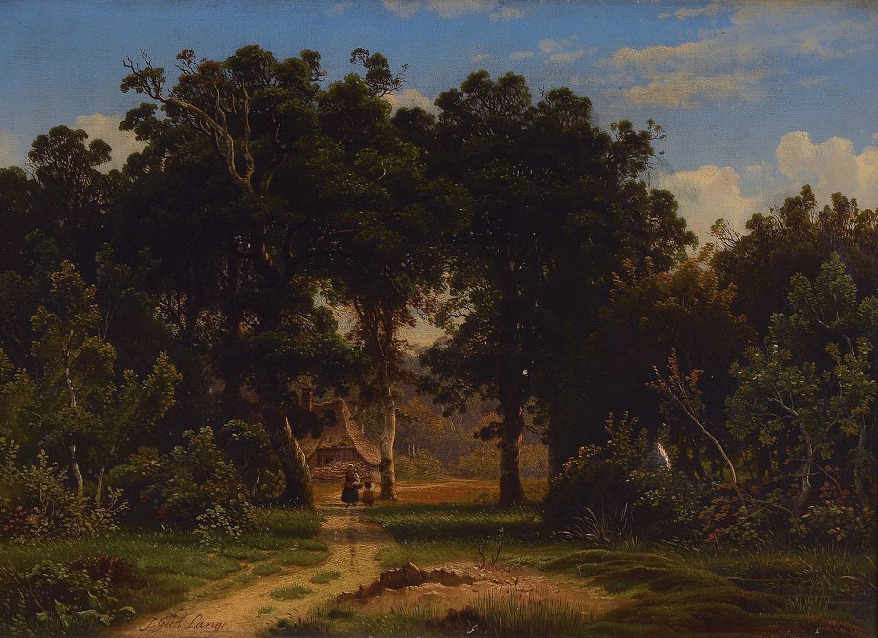 Johann Gustav Lange, 1811 Mülheim/Ruhr-1887 Düsseldorf, Mutter mit Kind auf einem Weg am Waldrand, Öl/Lwd, kleiner Lwd-Schaden, links unten ...