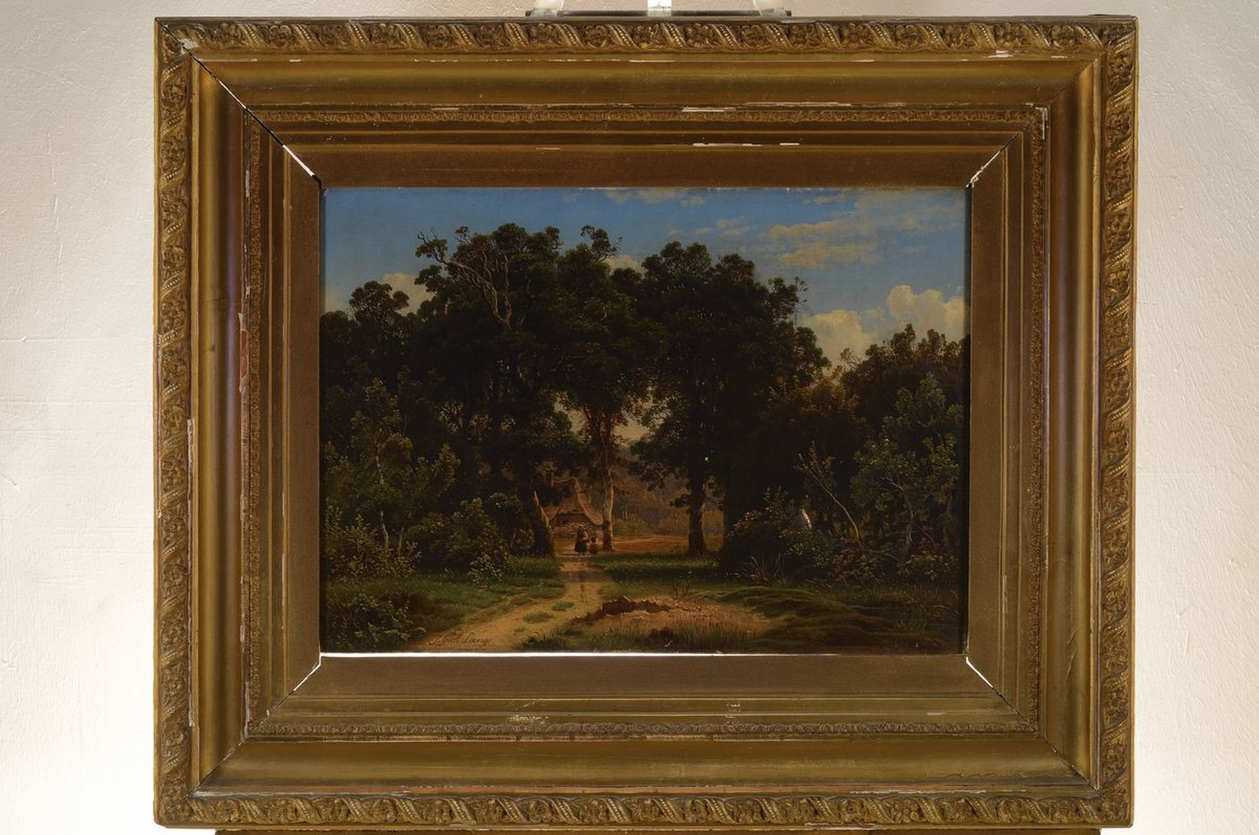 Detail k: Johann Gustav Lange, 1811 Mülheim/Ruhr-1887 Düsseldorf, Mutter mit Kind auf einem Weg am Waldrand, Öl/Lwd, kleiner Lwd-Schaden, links unten ...