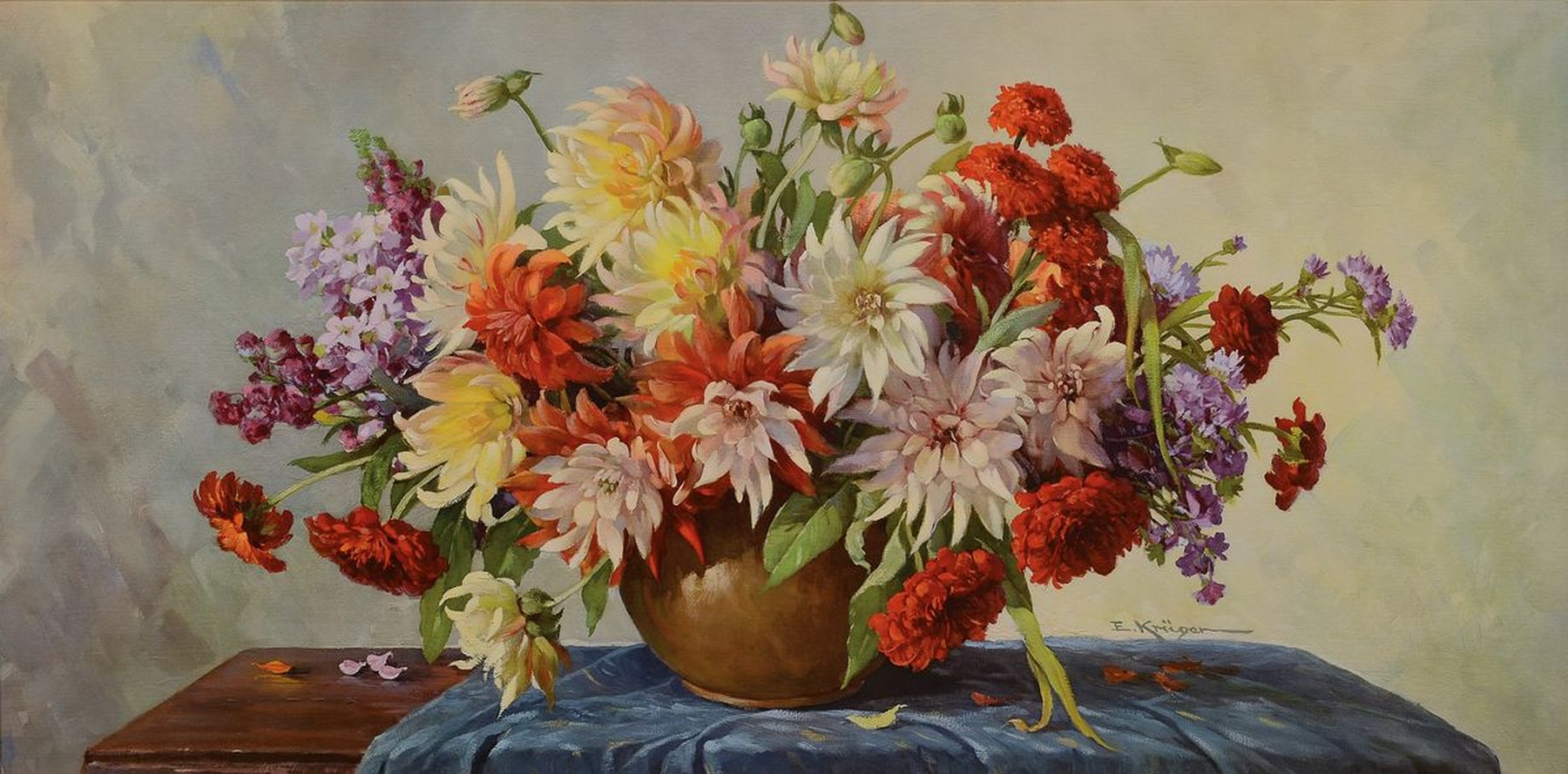 Erich Krüger 1897 Berlin - 1978 Benzingerode, Blumenstillleben, Öl/Malkarton, re. u. signiert, 49 x 99 cm, unter Glas Rahmen