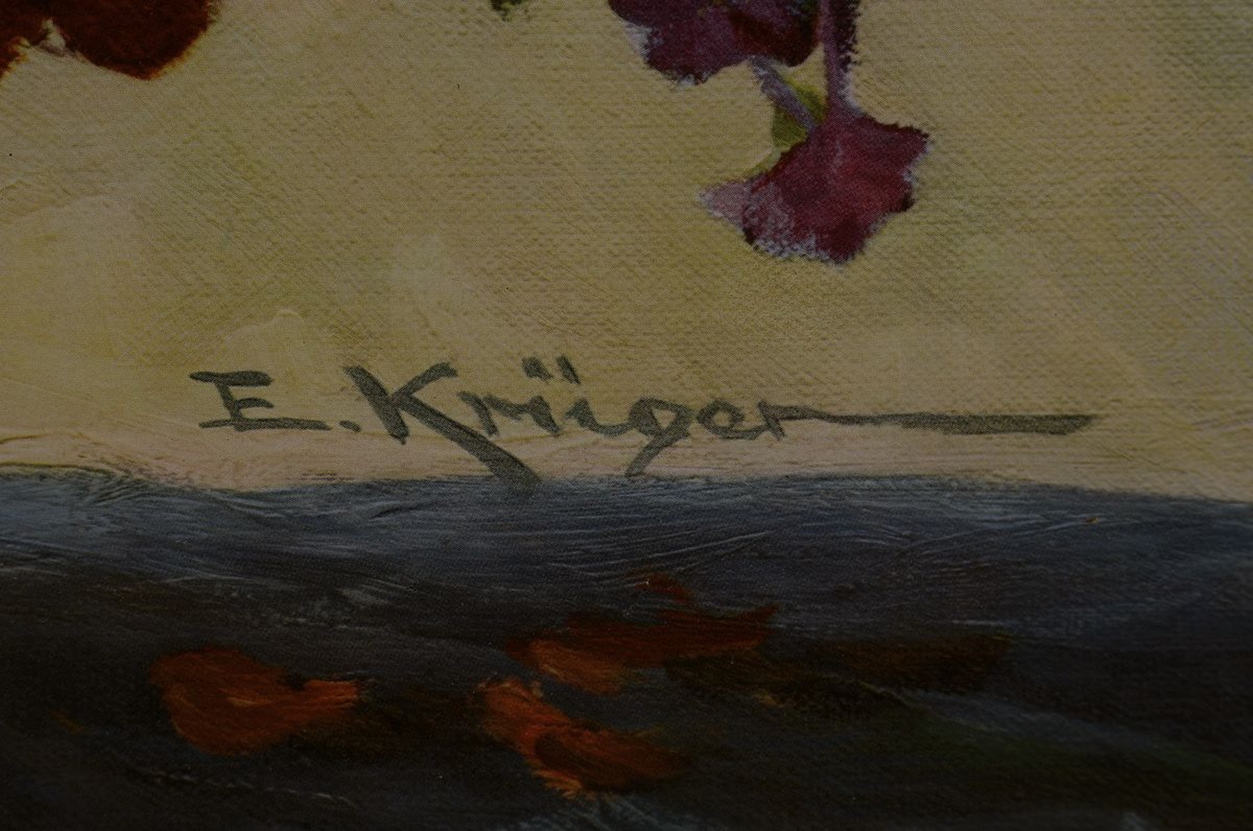 Detail a: Erich Krüger 1897 Berlin - 1978 Benzingerode, Blumenstillleben, Öl/Malkarton, re. u. signiert, 49 x 99 cm, unter Glas Rahmen