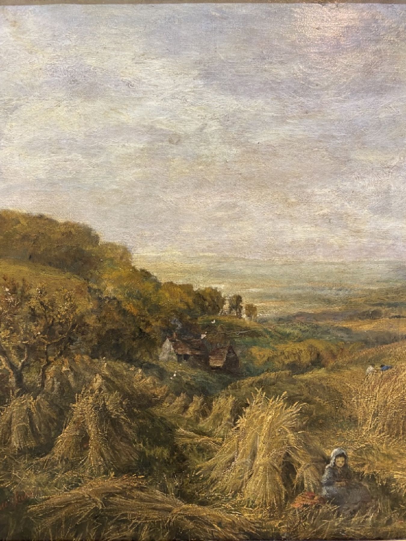Detail c: George Lucas, 1893-1983, Ernteszene, Bauern beim schneiden des Getreides, Öl/Lwd, links unten signiert, altersbedingt krakeliert mit einigen kleinen ...