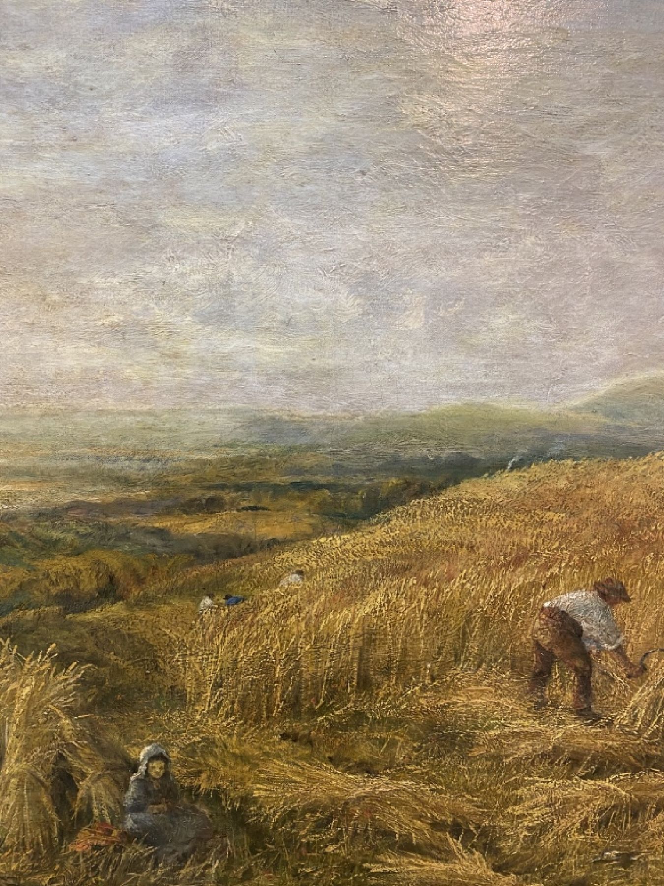 Detail d: George Lucas, 1893-1983, Ernteszene, Bauern beim schneiden des Getreides, Öl/Lwd, links unten signiert, altersbedingt krakeliert mit einigen kleinen ...