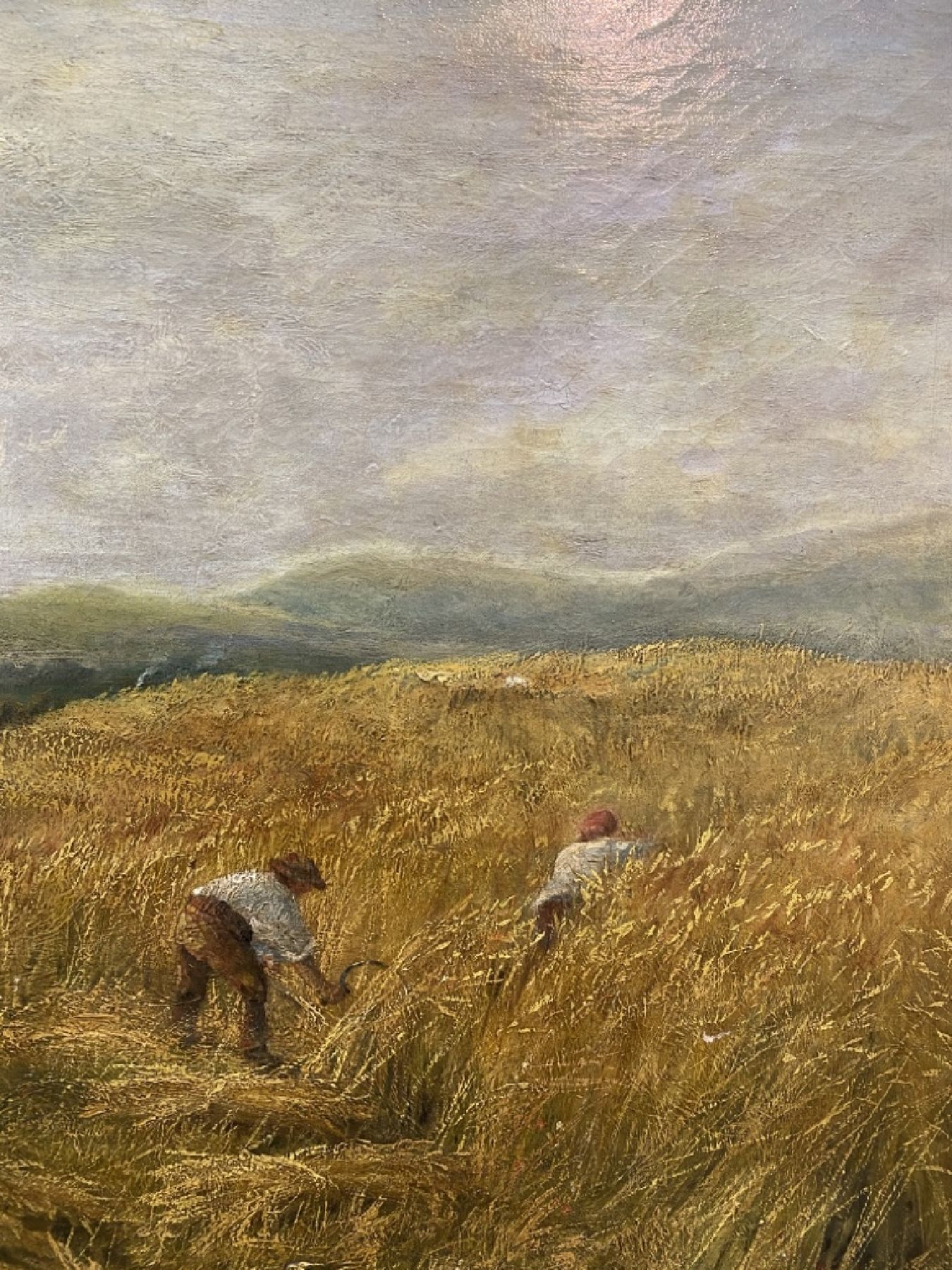 Detail e: George Lucas, 1893-1983, Ernteszene, Bauern beim schneiden des Getreides, Öl/Lwd, links unten signiert, altersbedingt krakeliert mit einigen kleinen ...