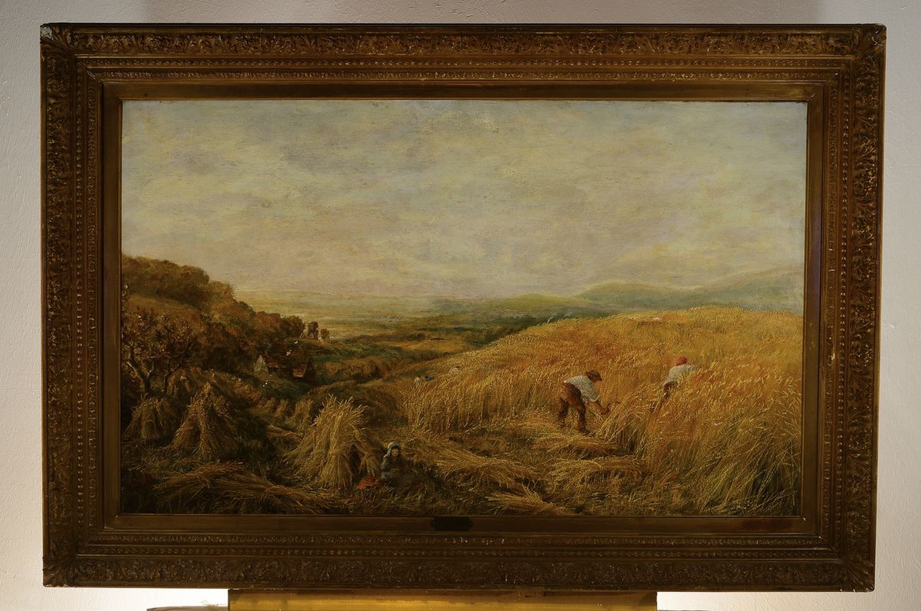 Detail k: George Lucas, 1893-1983, Ernteszene, Bauern beim schneiden des Getreides, Öl/Lwd, links unten signiert, altersbedingt krakeliert mit einigen kleinen ...