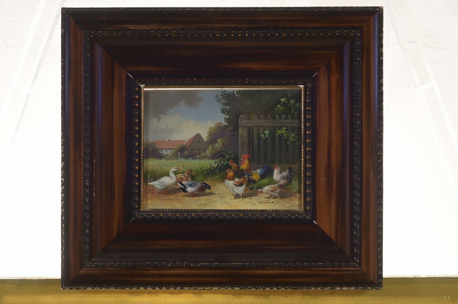 Detail k: Alfred Schönian, 1856 Frankfurt/Oder-1936 München, Enten und Hühner auf dem Hof, Öl/ Holz, links unten signiert, ca. 16x21cm, u.Gl., R. ca. ...