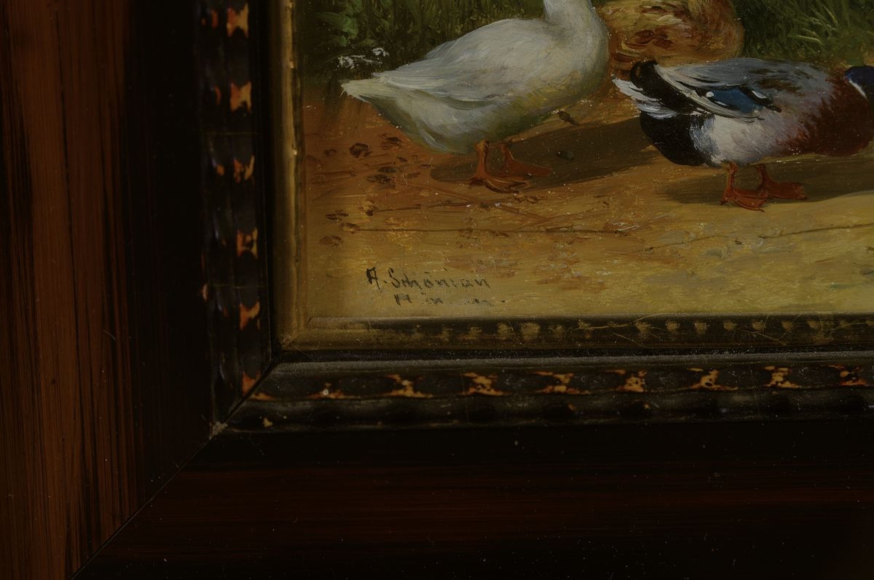 Detail l: Alfred Schönian, 1856 Frankfurt/Oder-1936 München, Enten und Hühner auf dem Hof, Öl/ Holz, links unten signiert, ca. 16x21cm, u.Gl., R. ca. ...