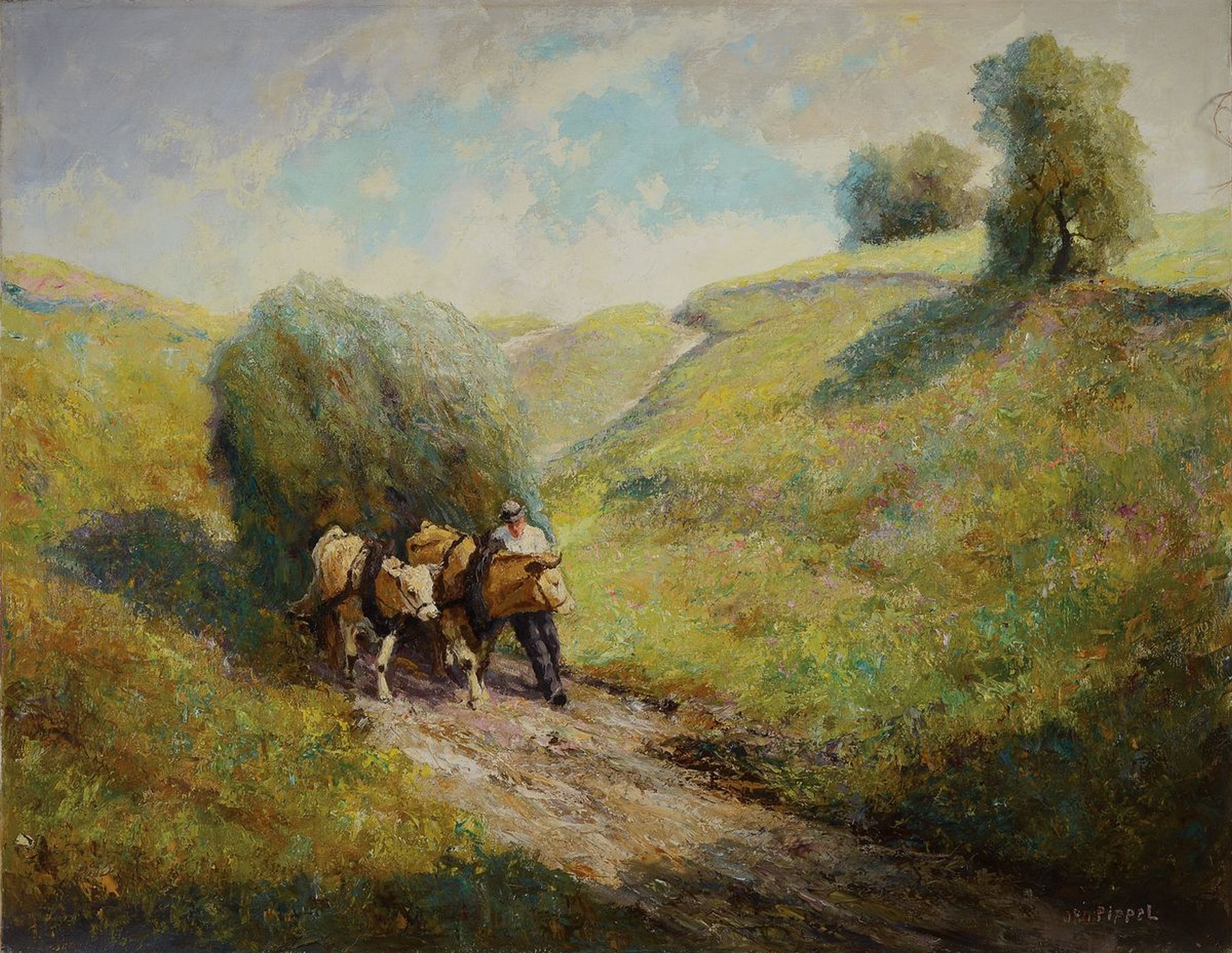 Otto Pippel, 1878 Lodz-1960 Planegg, Bauer mit Heuwagen in hügeliger Landschaft, Öl/Lwd, rechts unten signiert, rückseitig altes Atelieretikett ...
