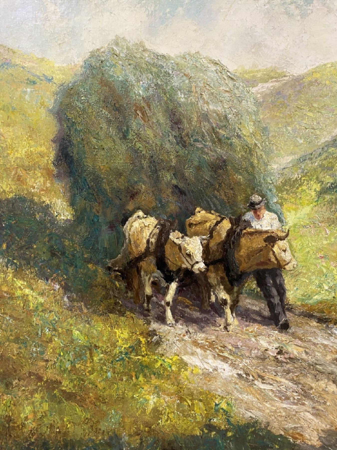 Detail d: Otto Pippel, 1878 Lodz-1960 Planegg, Bauer mit Heuwagen in hügeliger Landschaft, Öl/Lwd, rechts unten signiert, rückseitig altes Atelieretikett ...