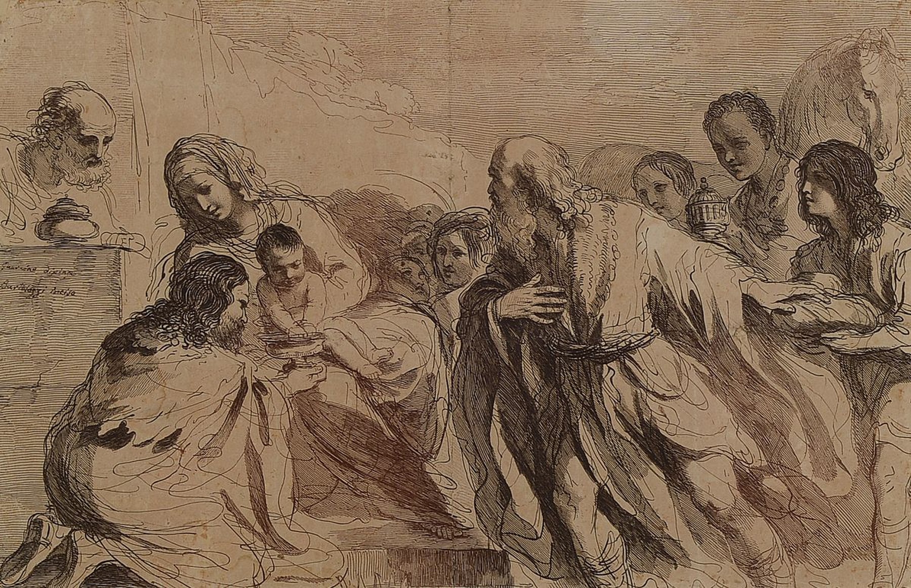 Francesco Bartolozzi, 1727-1815, Anbetung der Hl. drei Könige, Radierung nach einem Gemälde von Franceso Guarino (1611-1654), 26x40cm, PP, u.Gl., ...