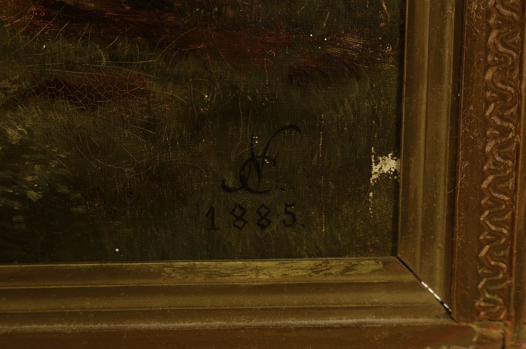 Detail a: Monogrammist CN ligiert, wohl Österreich, datiert 1885, Alpenlandschaft mit Gebirgsbach und Figurenstaffage, lasierende Malerei mit alla prima ...