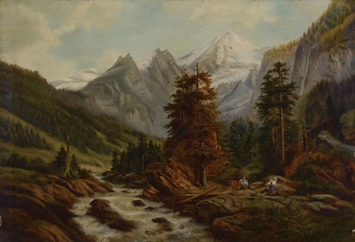 Image 26162197 - Monogramist CN ligated, probably Austria, dated 1885, alpine landscape with persons, glazed painting with alla prima conclusion, good portrayal of people and animals in the landscape, fine observation of the golden section, colored neighborhood in the gray and green tones masterfully solved , oil / canvas,right down monogrammed, approx. 54x76cm / 75x100cm, baroque style frame, this one restored