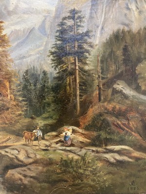 26162197d - Monogramist CN ligated, probably Austria, dated 1885, alpine landscape with persons, glazed painting with alla prima conclusion, good portrayal of people and animals in the landscape, fine observation of the golden section, colored neighborhood in the gray and green tones masterfully solved , oil / canvas,right down monogrammed, approx. 54x76cm / 75x100cm, baroque style frame, this one restored