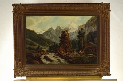 26162197k - Monogramist CN ligated, probably Austria, dated 1885, alpine landscape with persons, glazed painting with alla prima conclusion, good portrayal of people and animals in the landscape, fine observation of the golden section, colored neighborhood in the gray and green tones masterfully solved , oil / canvas,right down monogrammed, approx. 54x76cm / 75x100cm, baroque style frame, this one restored