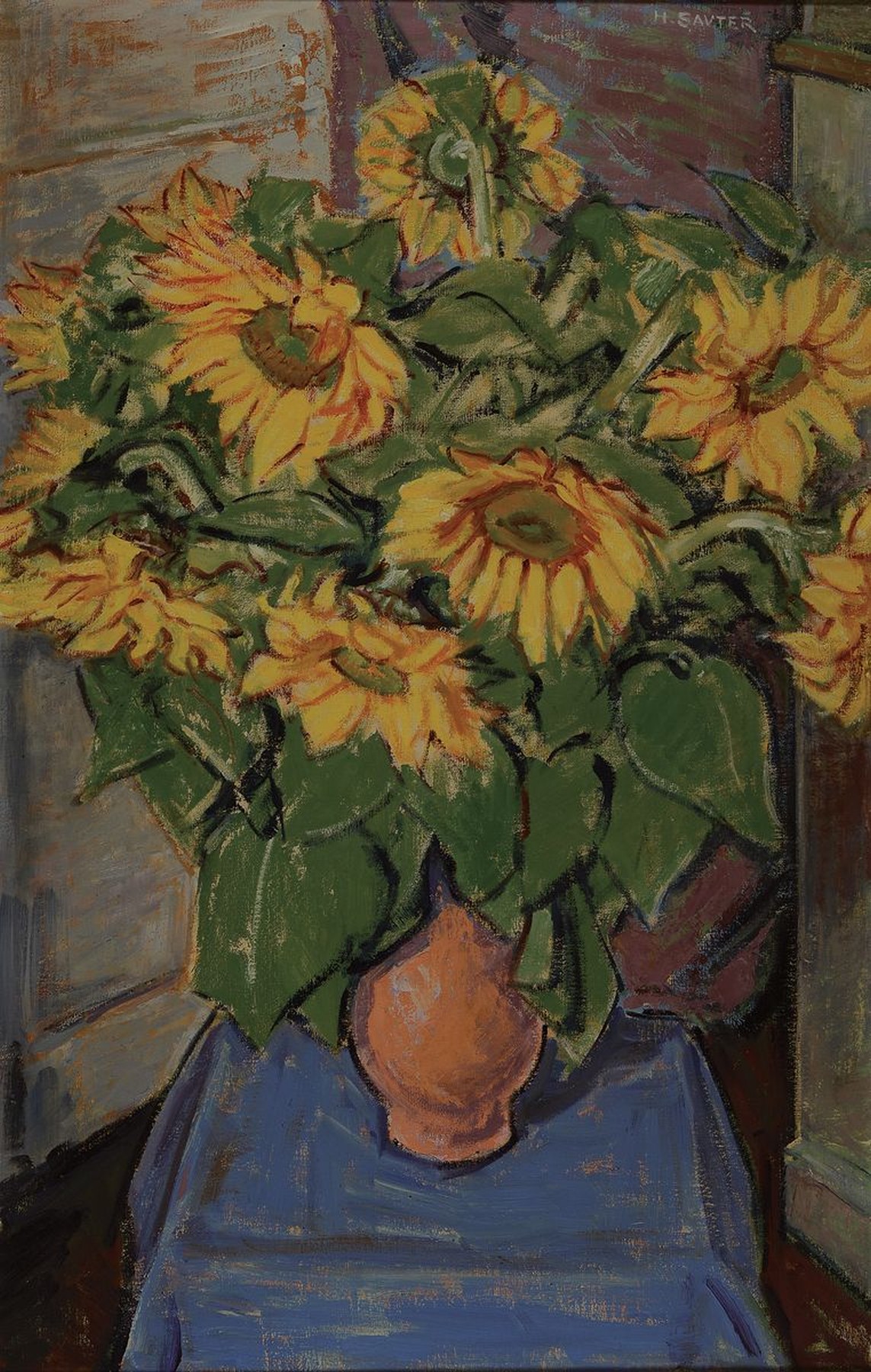 Hermann Sauter, 1891 Germersheim-1981 Landau, Stillleben mit Sonnenblumen, Öl/Lwd, rechts oben signiert, ca. 100x65cm