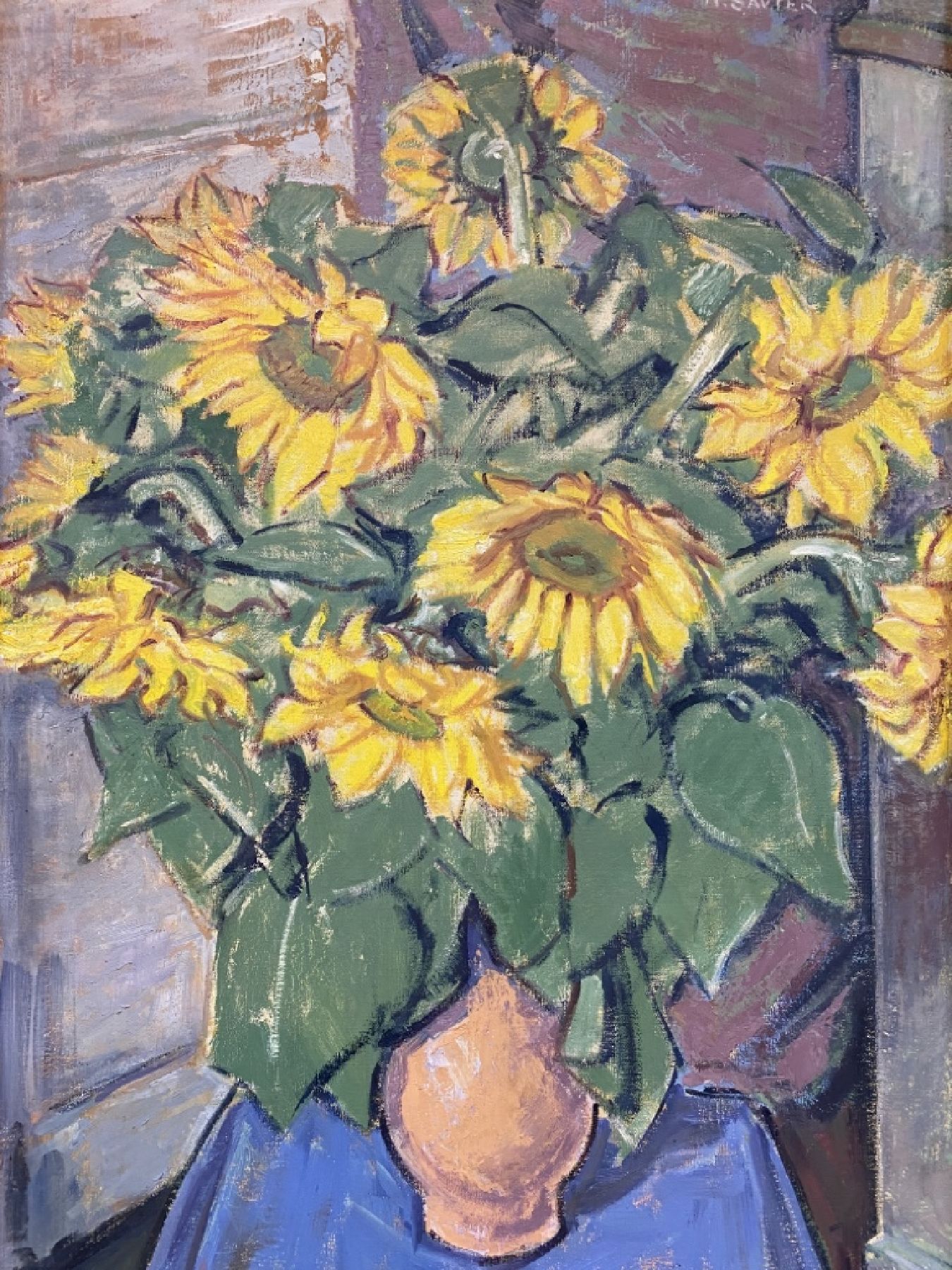 Detail b: Hermann Sauter, 1891 Germersheim-1981 Landau, Stillleben mit Sonnenblumen, Öl/Lwd, rechts oben signiert, ca. 100x65cm