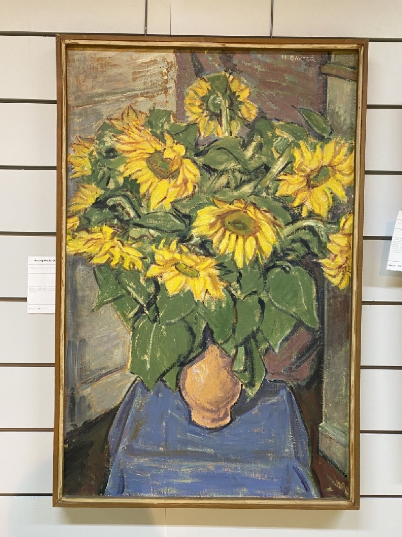 Detail d: Hermann Sauter, 1891 Germersheim-1981 Landau, Stillleben mit Sonnenblumen, Öl/Lwd, rechts oben signiert, ca. 100x65cm