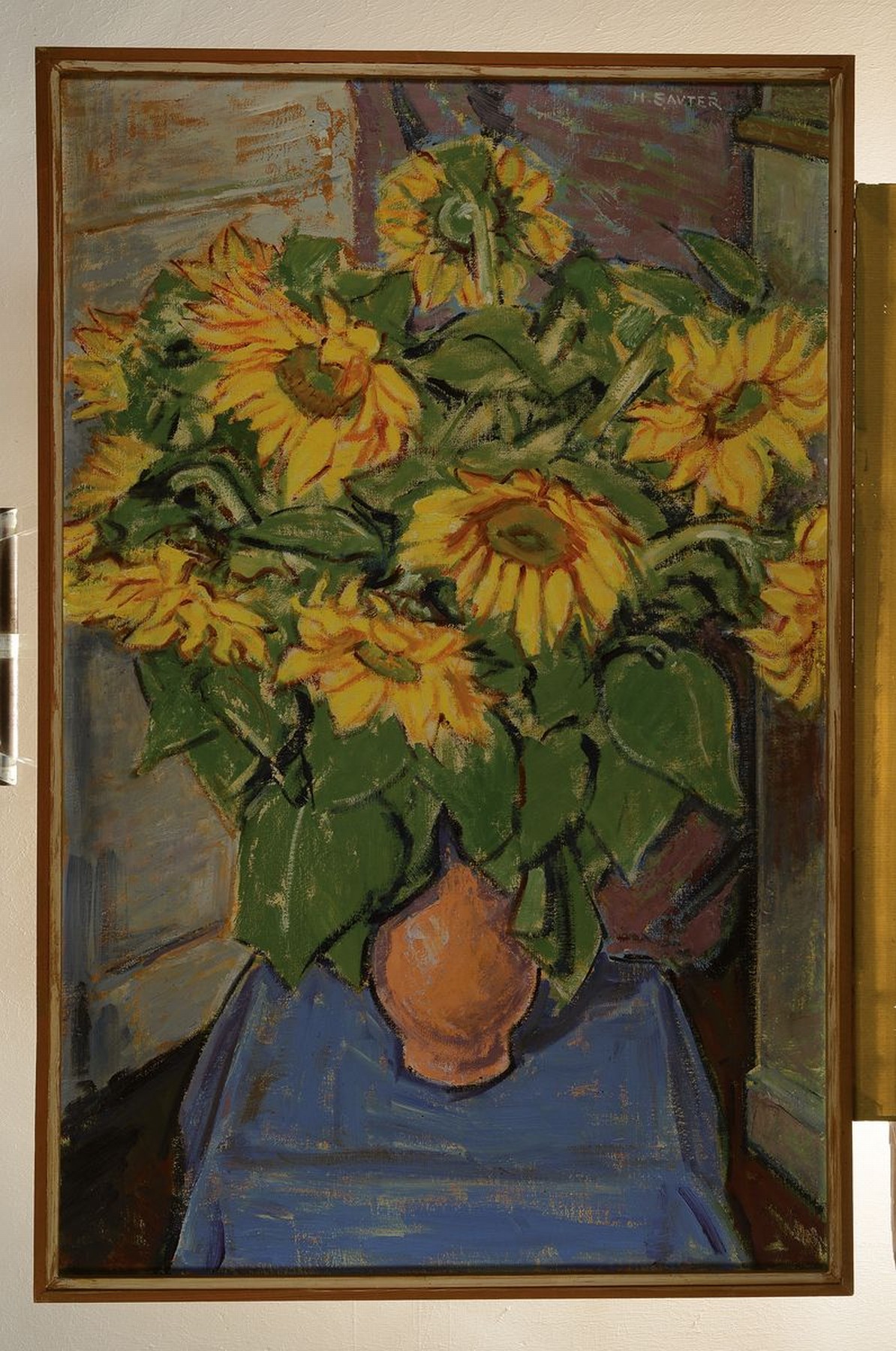 Detail k: Hermann Sauter, 1891 Germersheim-1981 Landau, Stillleben mit Sonnenblumen, Öl/Lwd, rechts oben signiert, ca. 100x65cm