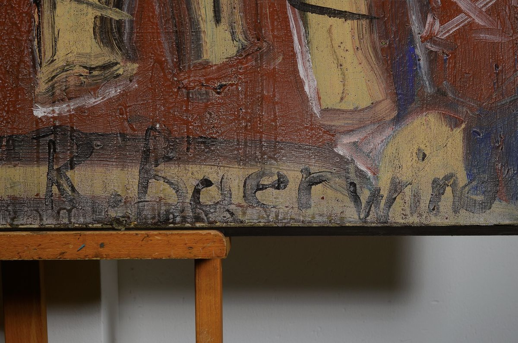 Detail a: Rudi Baerwind, 1910-1982 Mannheim, Informel, rückseitig auf altem Etikett so betitelt und dat. um 1975, abstrakte Komposition, Acryl/Lwd, rechts ...
