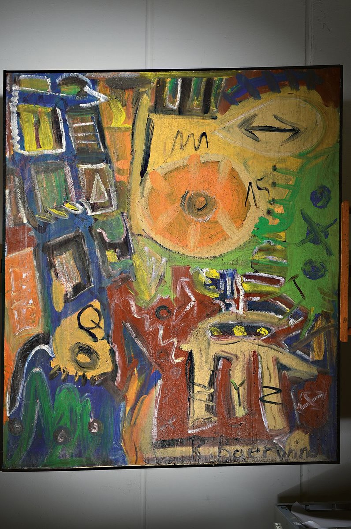 Detail k: Rudi Baerwind, 1910-1982 Mannheim, Informel, rückseitig auf altem Etikett so betitelt und dat. um 1975, abstrakte Komposition, Acryl/Lwd, rechts ...