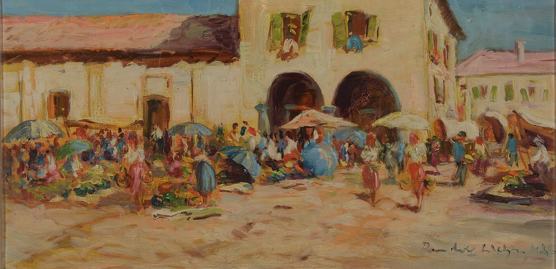 Randolf Wehn, 1911-1987 München, Markt in einer südlichen Stadt, Öl/Lwd, rechts unten signiert, ca. 36x70cm, R. ca. 48x82cm