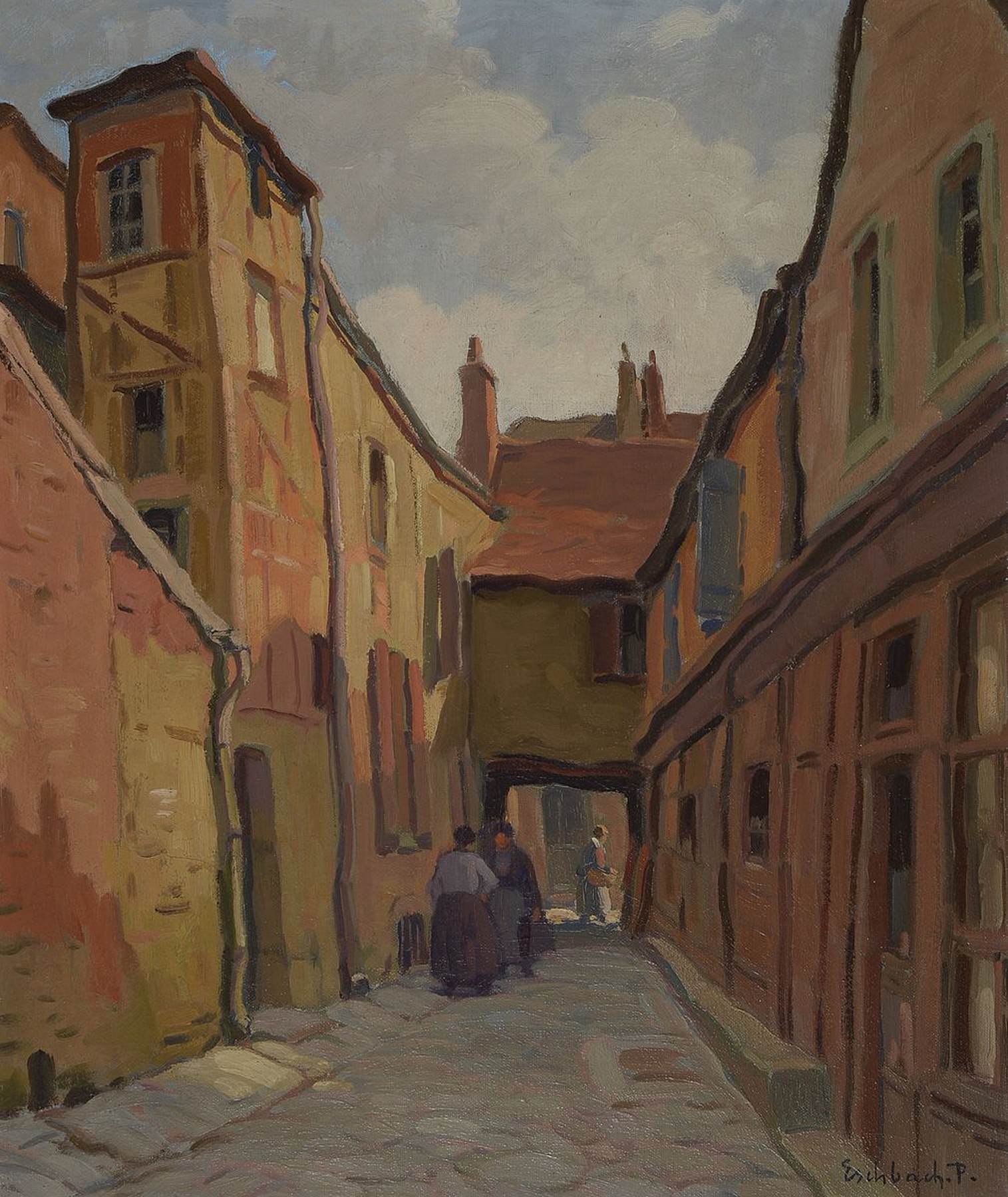 Paul André Jean Eschbach, 1881-1961, Blick in eine Gasse, rückseitig betitelt passage musette Dyon, Öl/Lwd, rechts unten signiert, ca. 56x46cm, R. ...